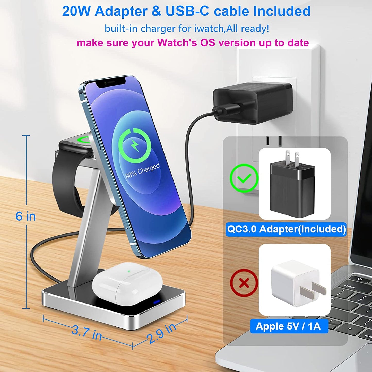 Aluminum Alloy 3 in 1 Magnetic Wireless Charger,15W Fast Silver