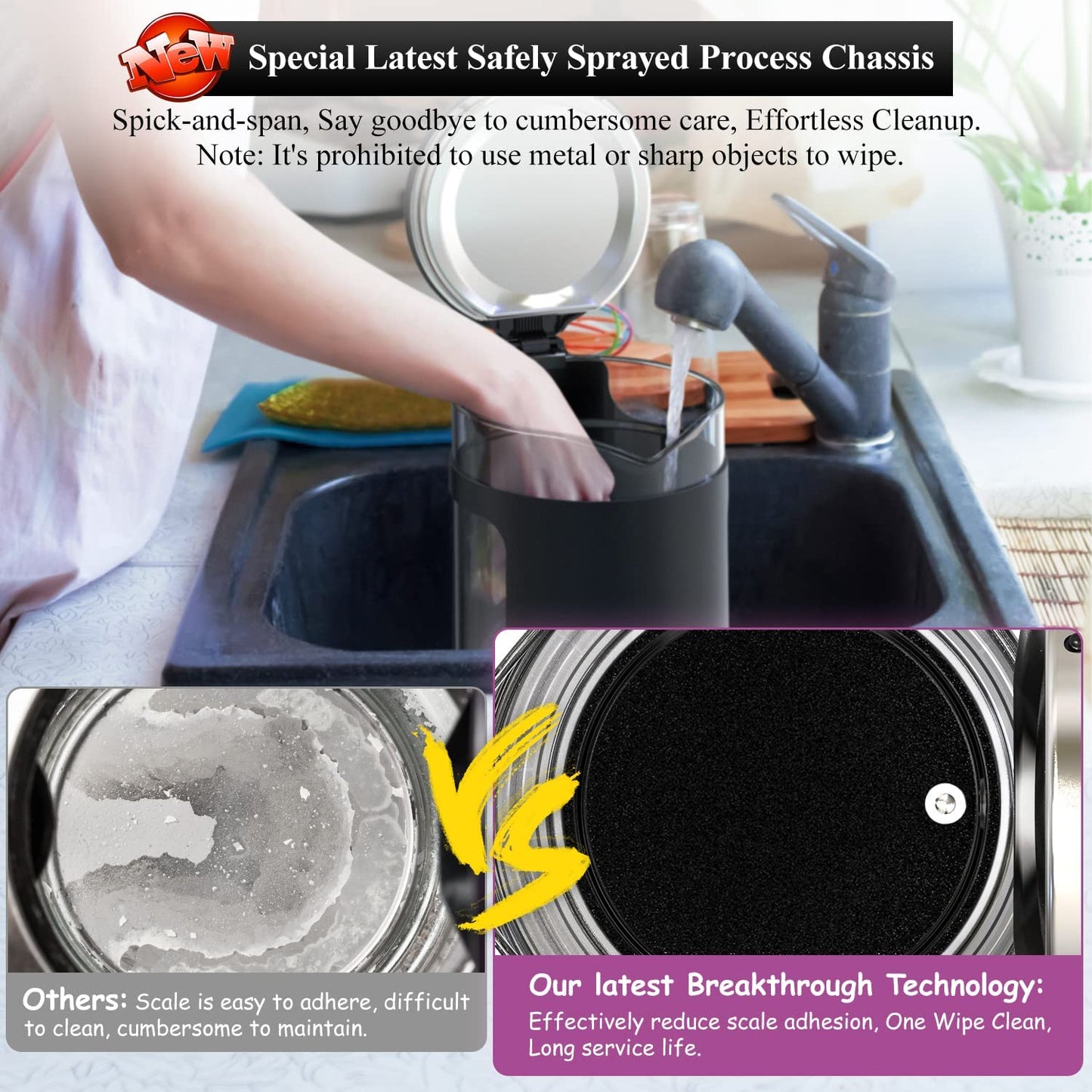 Electric Kettle, Intelligent Temp Control, One Wipe Clean, 5 LED Light Black