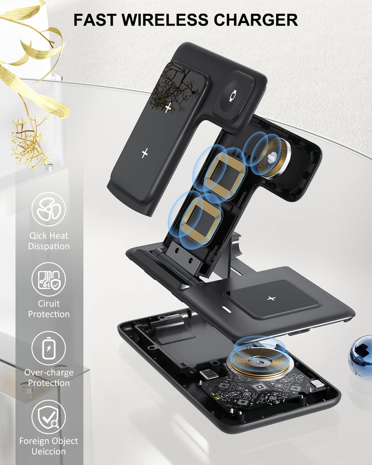 Wireless Charging Station, 3 in 1 Charger Awireless charger -black