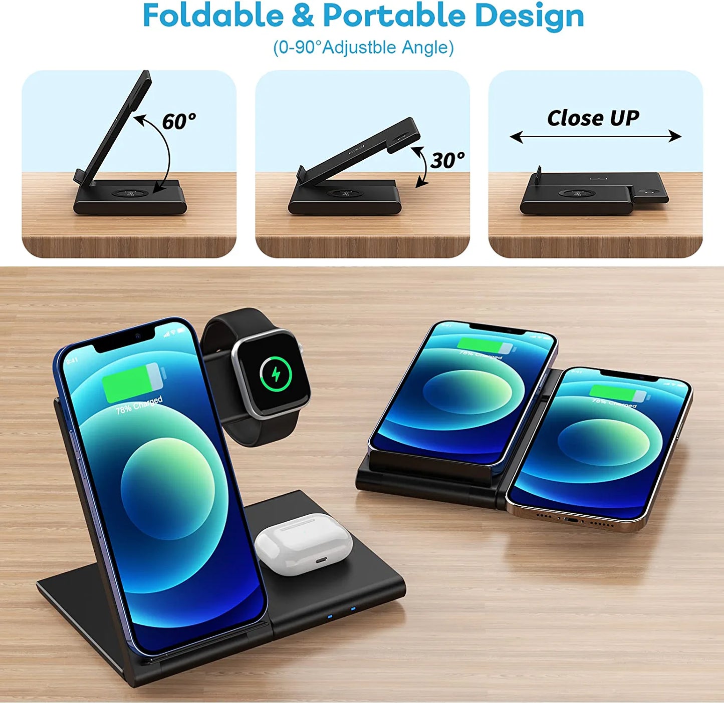 WATOE Wireless Charger 3 in 1 Charging Station for iPhone 14/13/12 Black