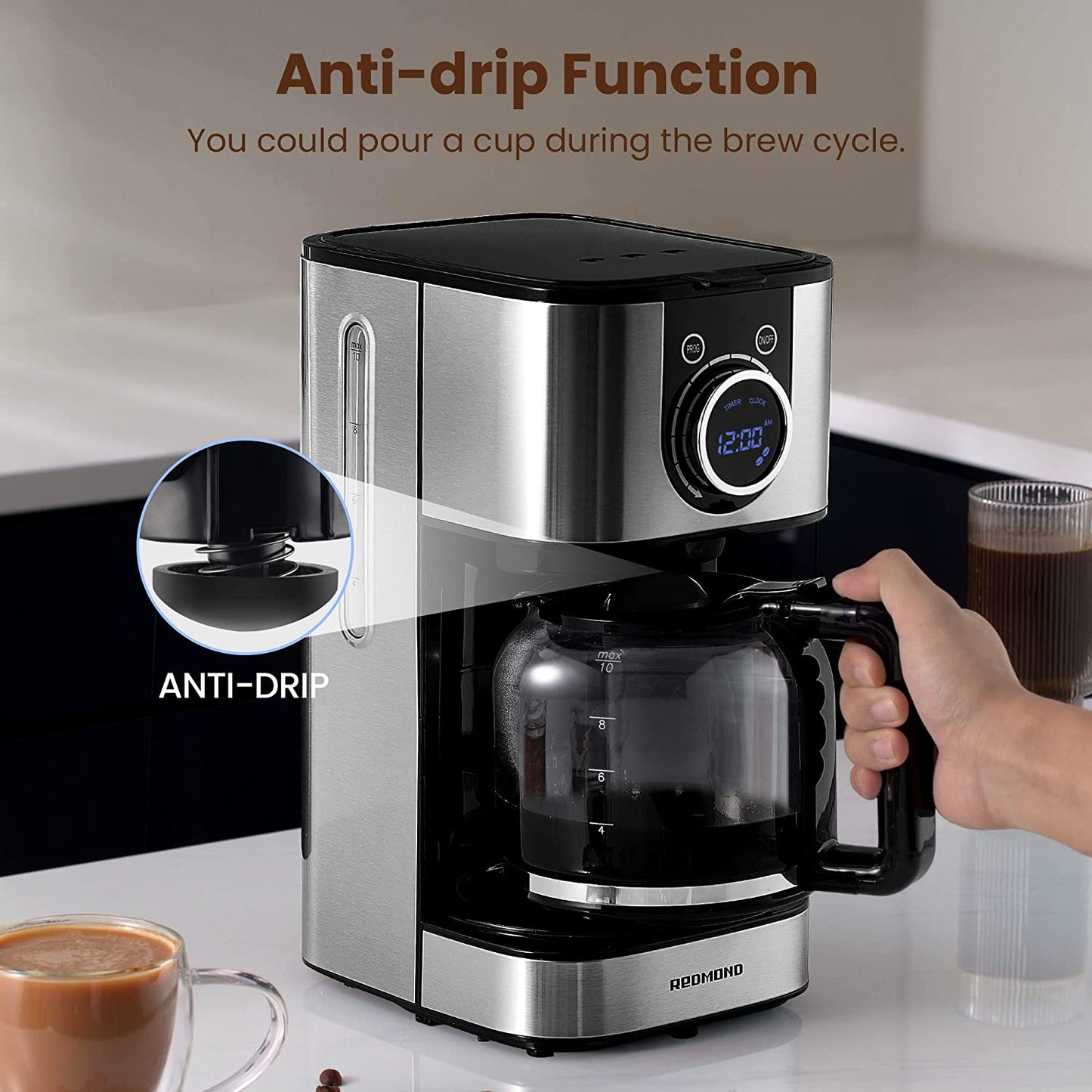 REDMOND Programmable Coffee Maker, 10 Cup Drip Machine Stainless...