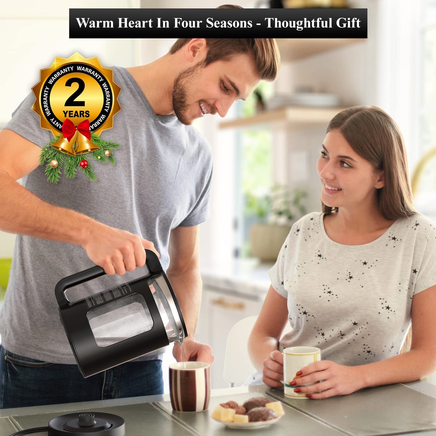 Electric Kettle, Intelligent Temp Control, One Wipe Clean, 5 LED Light Black