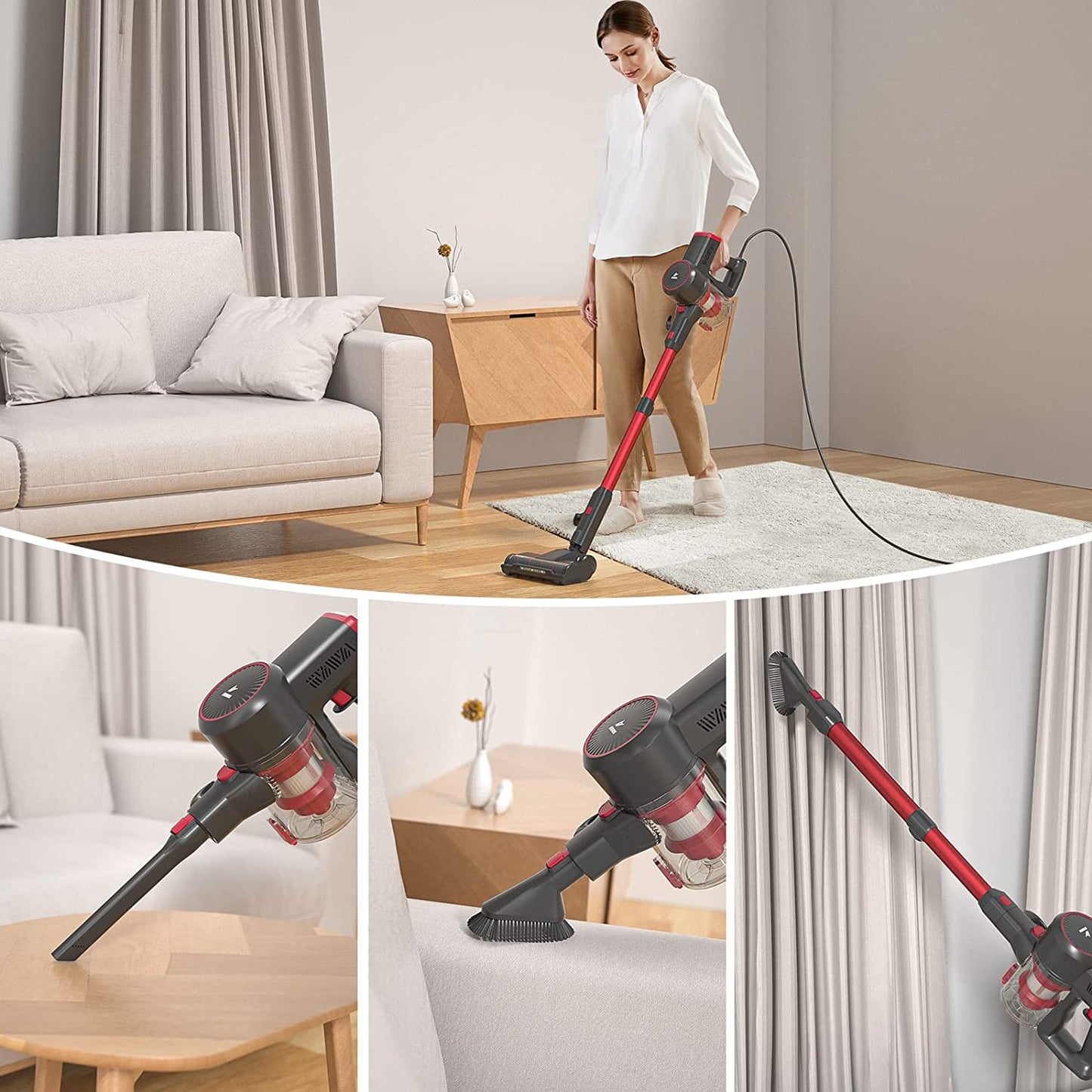 Afoddon Corded Stick Vacuum Cleaner, 600W 20Kpa with Red