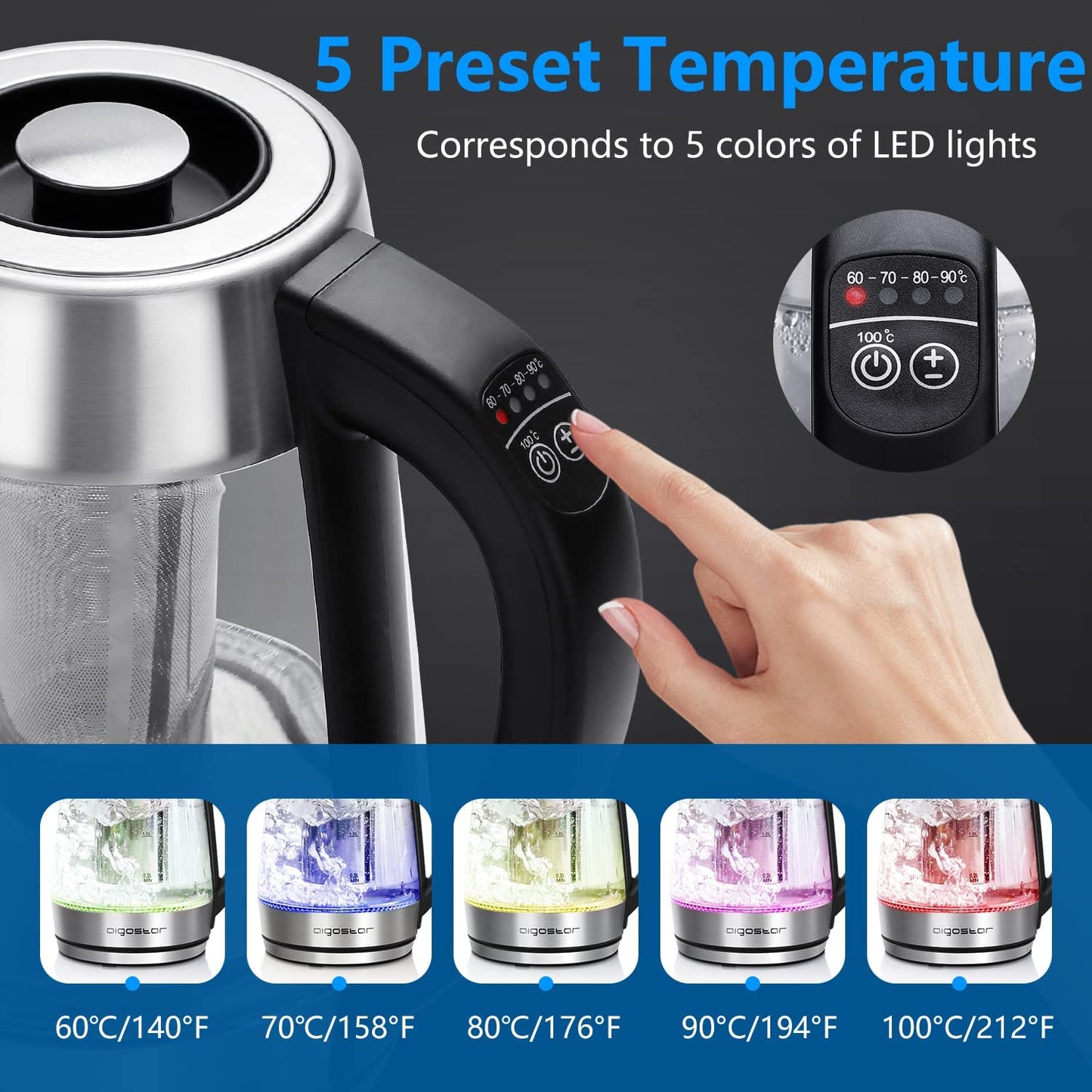 Aigostar Electric Kettle Temperature Control & Tea Infuser 1.7L, Hot Black
