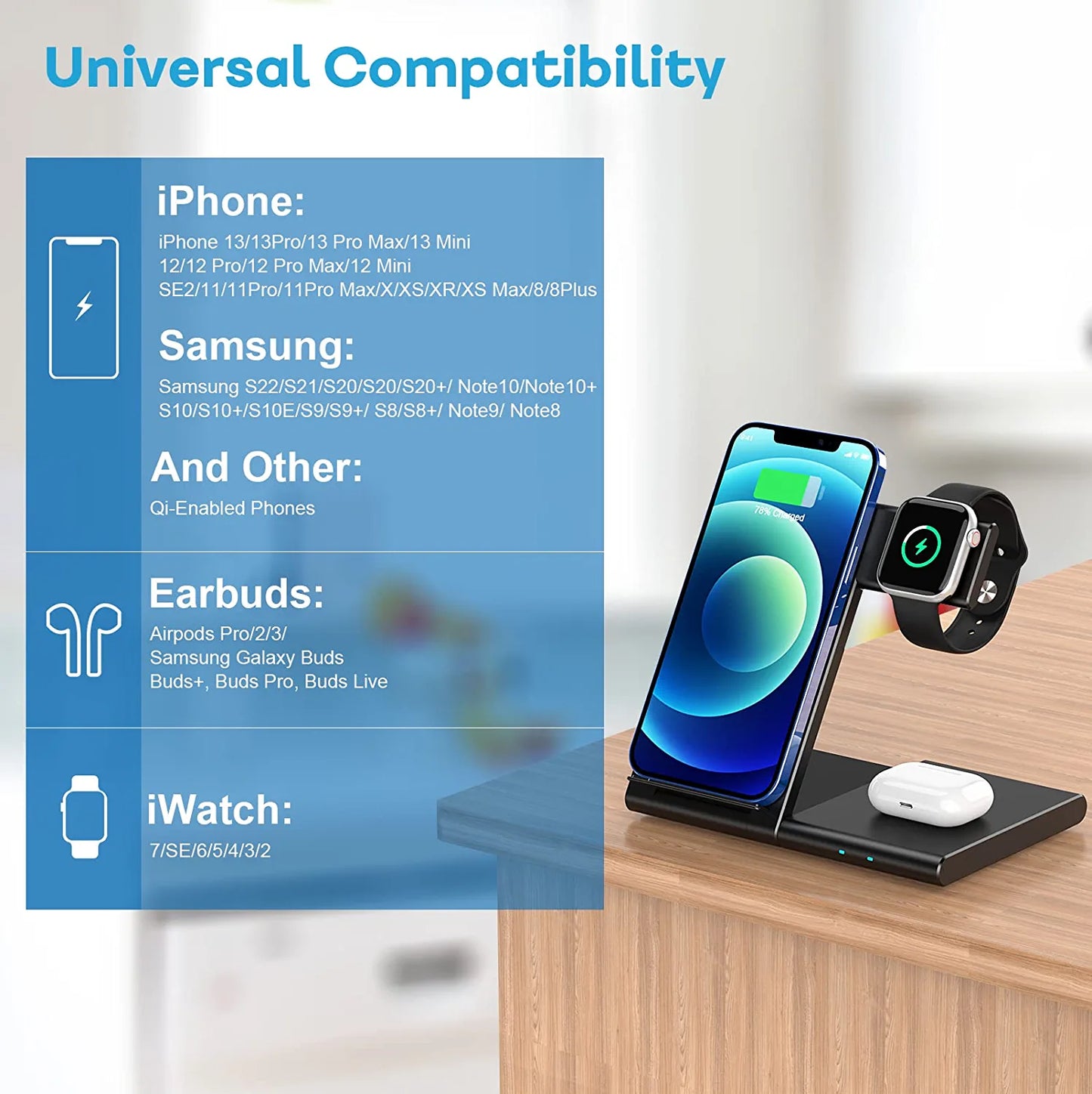 WATOE Wireless Charger 3 in 1 Charging Station for iPhone 14/13/12 Black