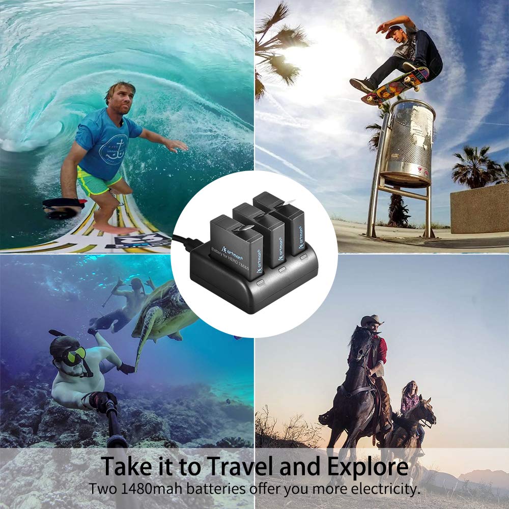 Artman GoPro Hero 5/6/7 1480mah Replacement Batteries (3 Pack) and 3-Channel...