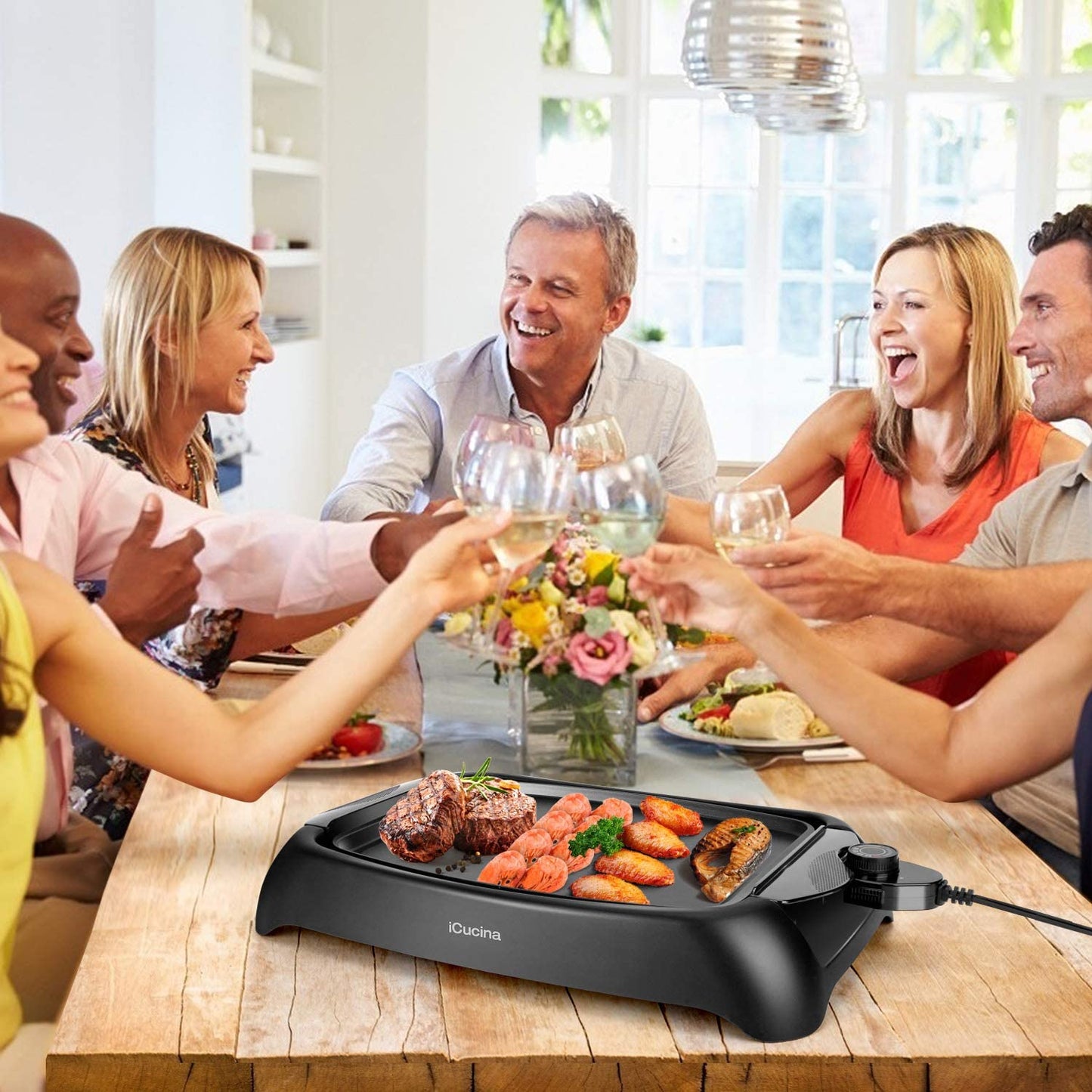 iCucina 1000 Watt Non-Stick Even-Heating Flat Electric Griddle Black