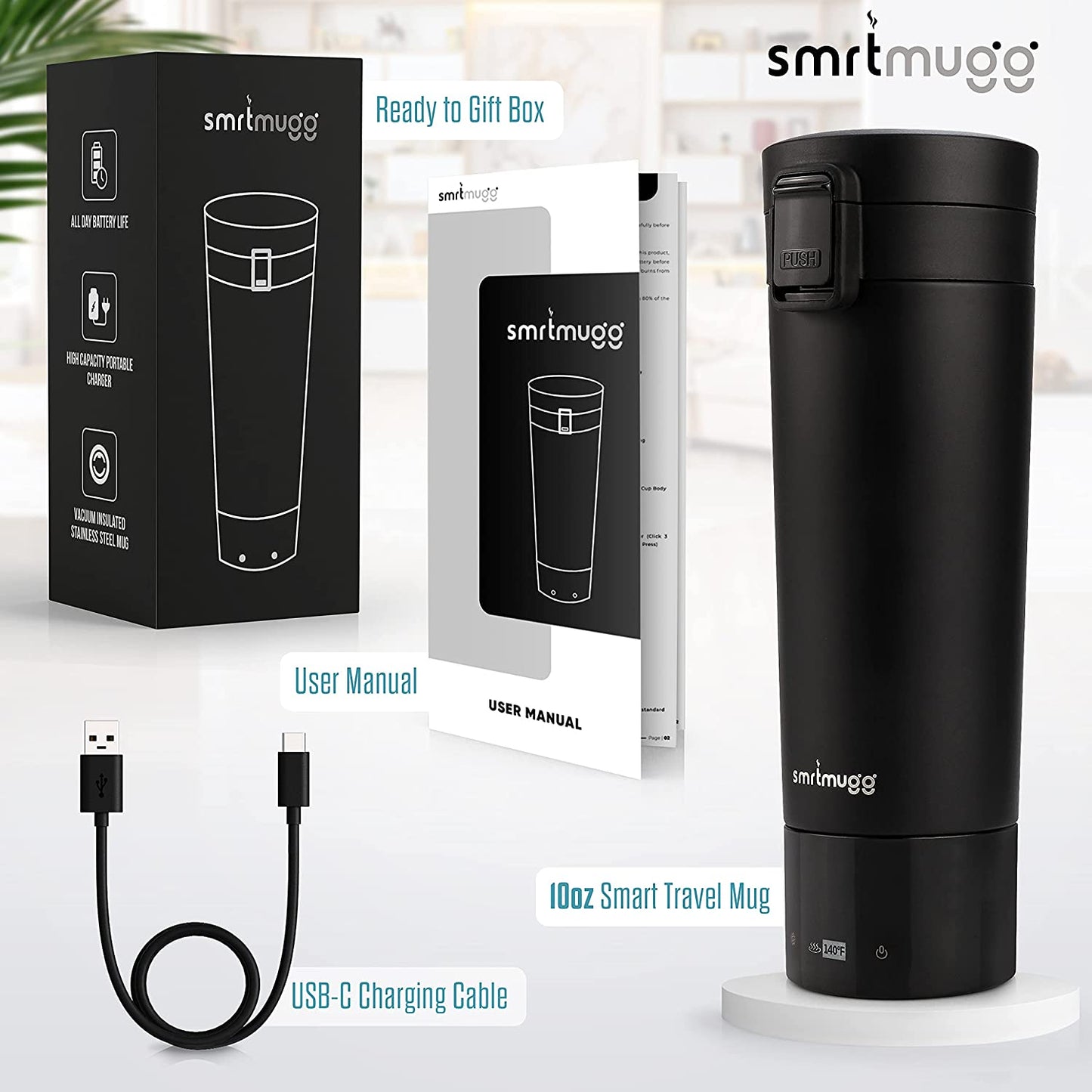 SMRTMUGG Heated Coffee Mug, All Day Battery Life, Black 10 oz.