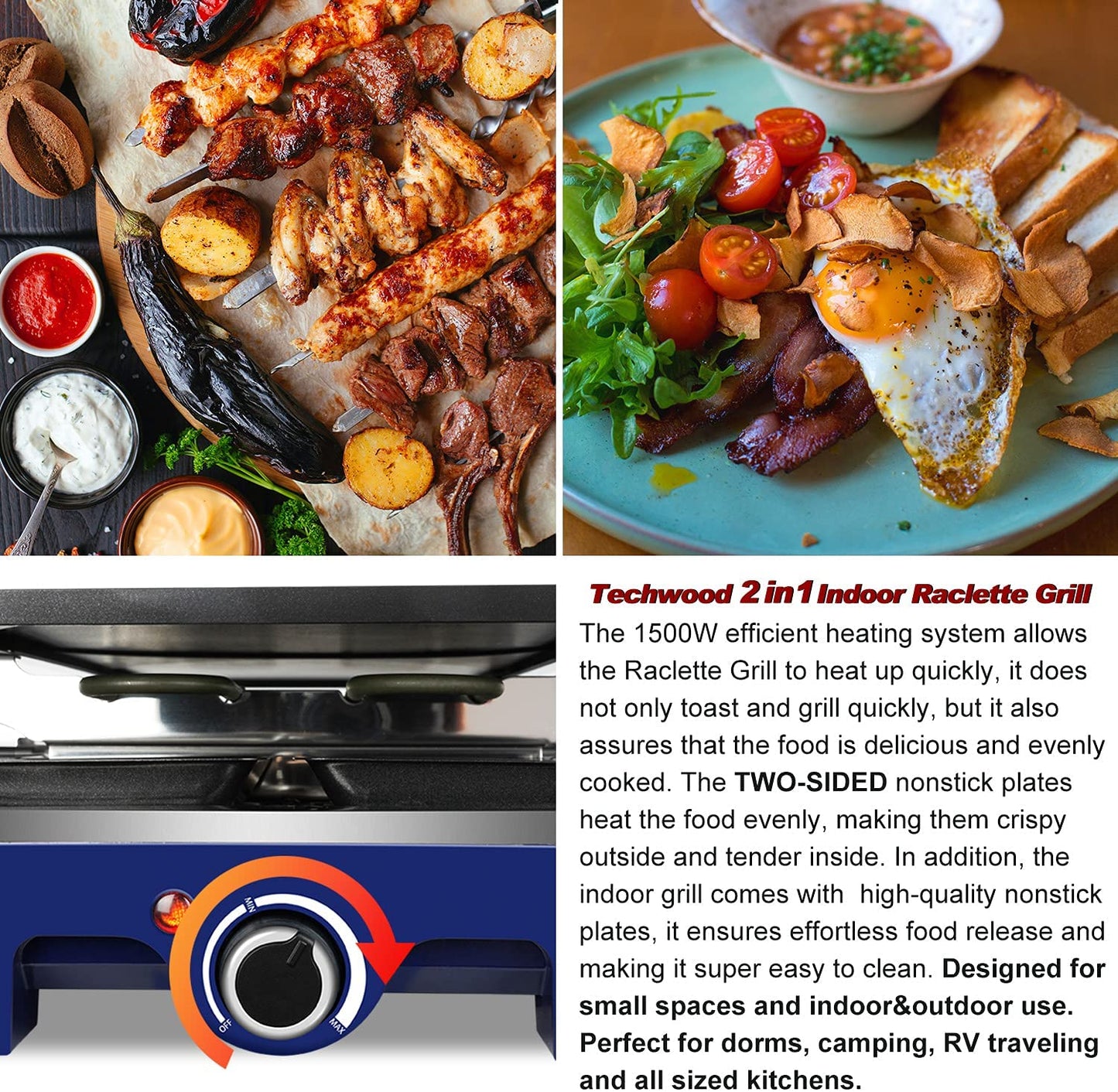 Techwood 1500W Raclette Electric Indoor Grill, 8-Serving 20*7.1*11, Blue