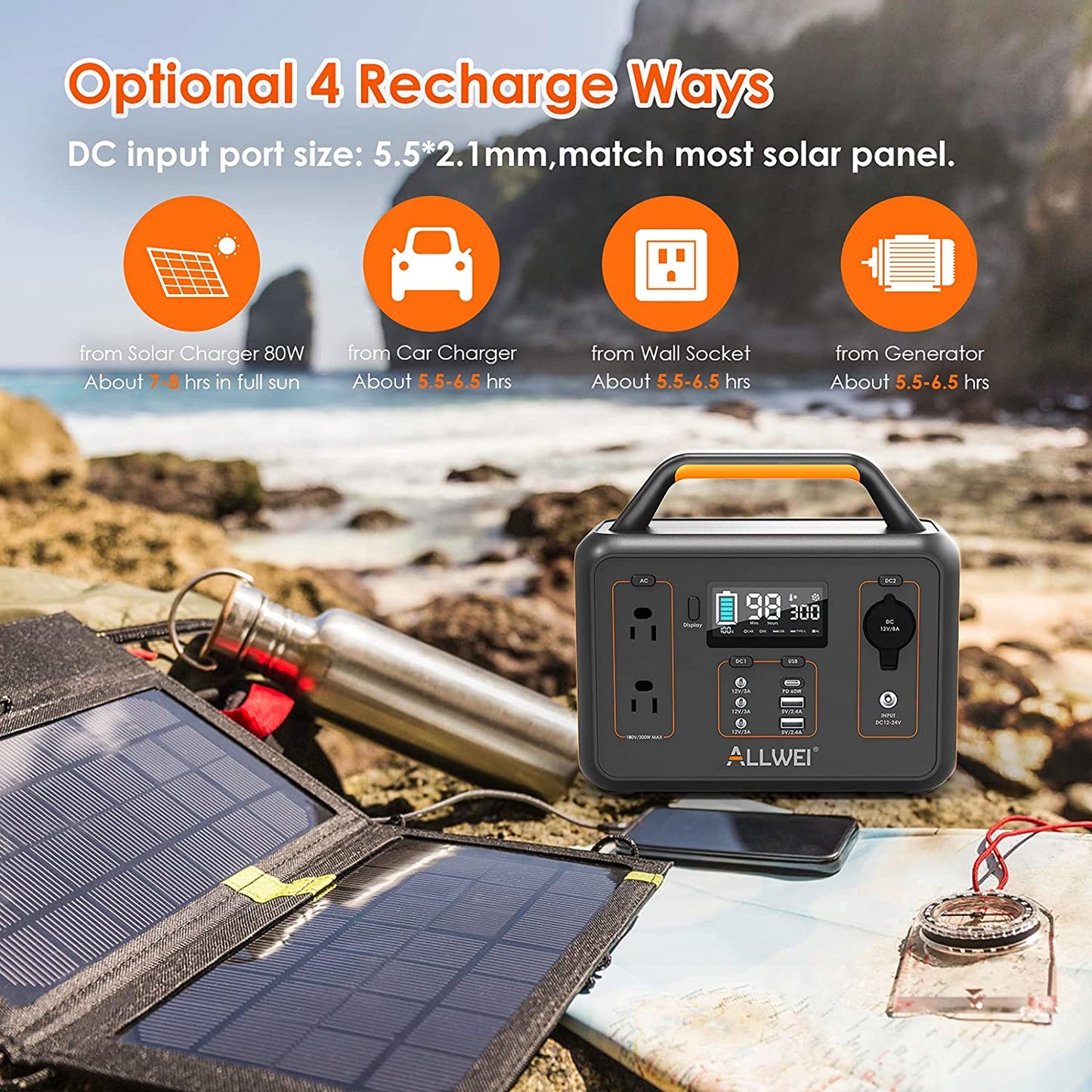 ALLWEI Portable Power Station, 300W/Peak 600W Solar Generator 280Wh/78000mAh...