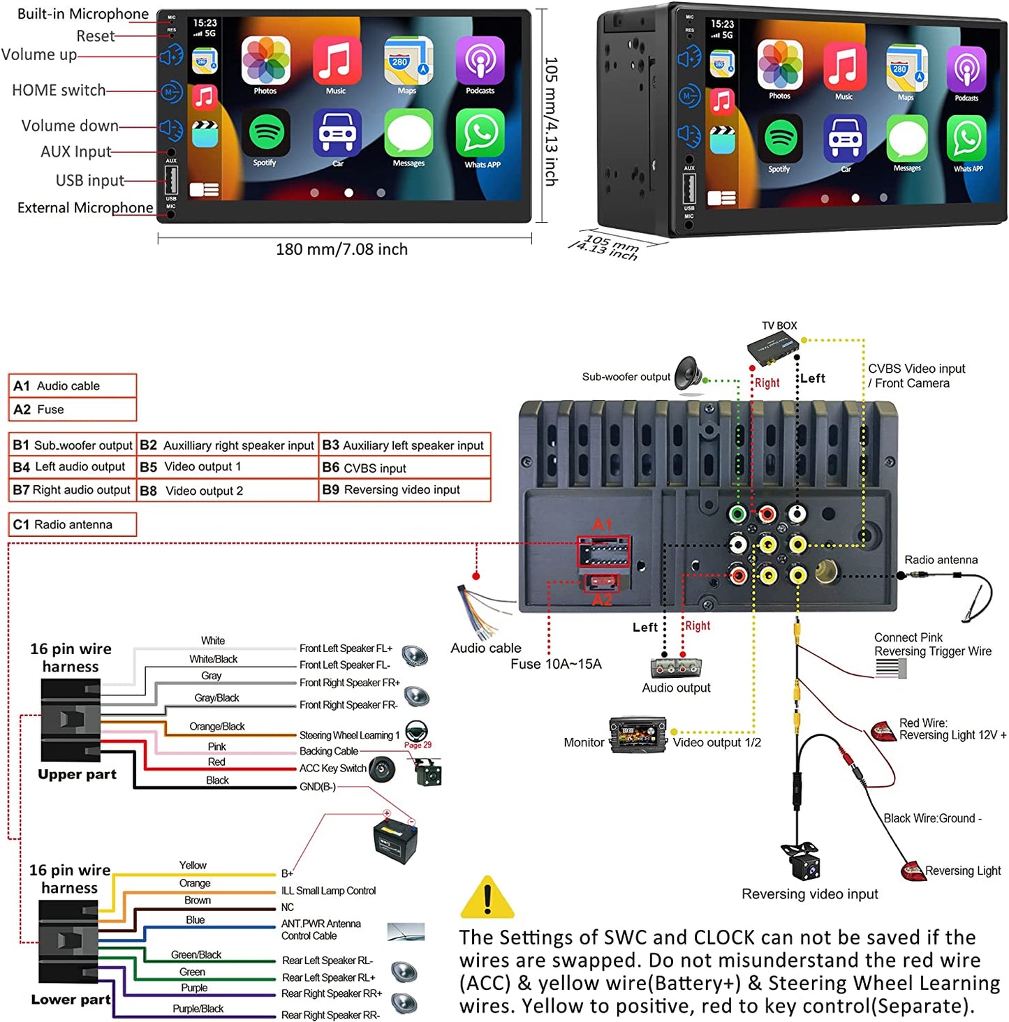 Double Din Car Stereo Compatible with Apple Carplay & Android Auto,7 Black
