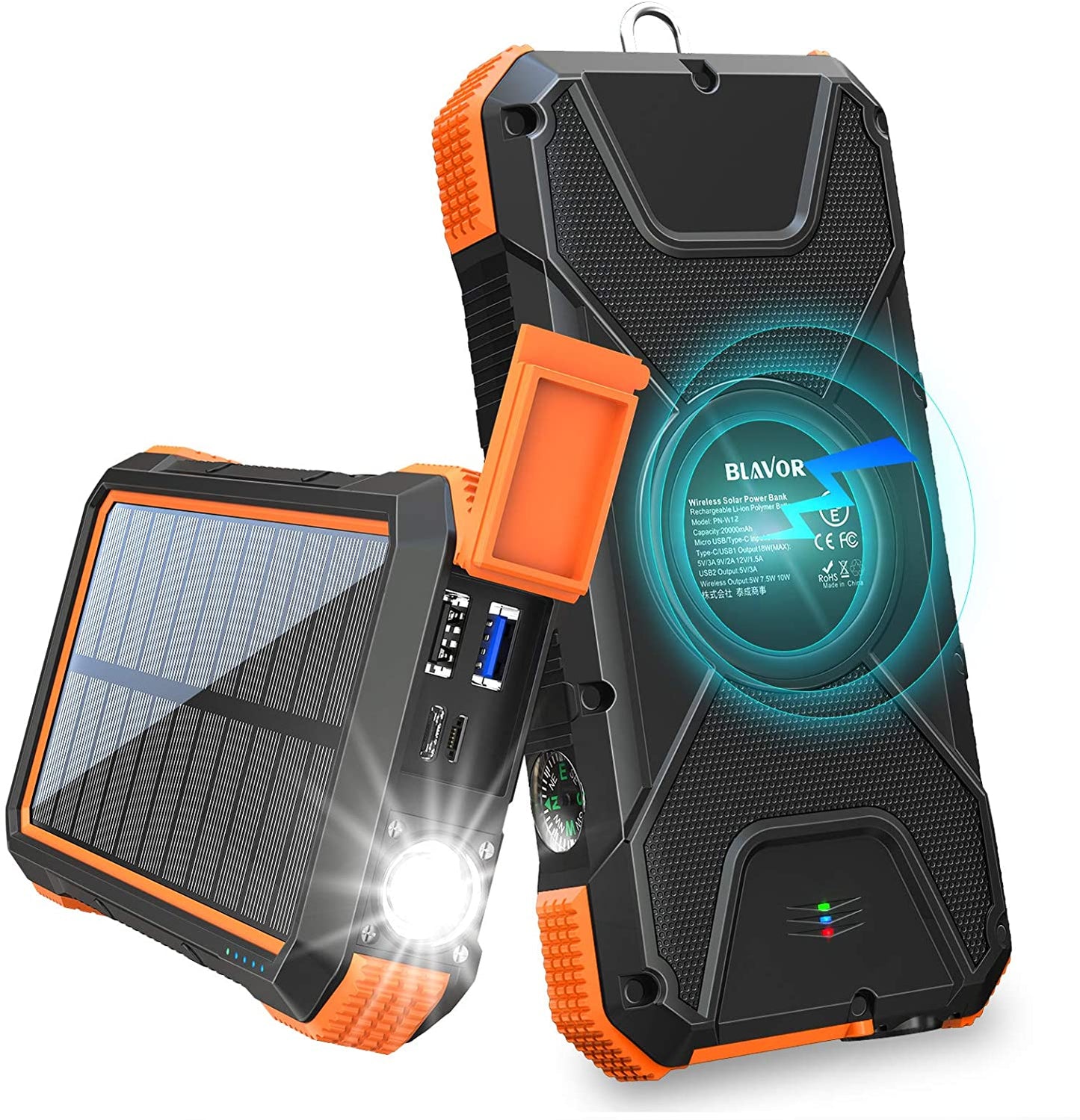 BLAVOR Solar Charger Power Bank 18W, QC 3.0 Portable Wireless Orange