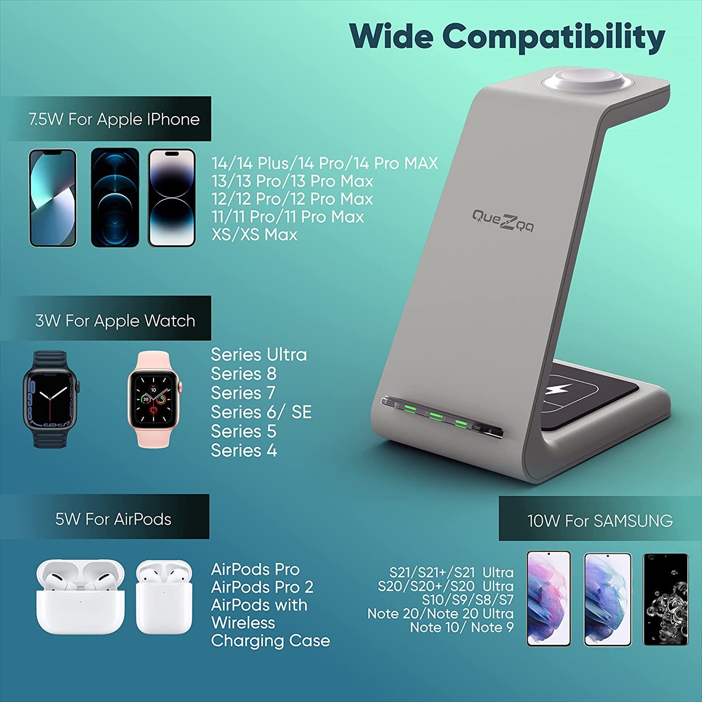 Quezqa Wireless Charging Stand - Fast Charger - 3 in 1 Grey