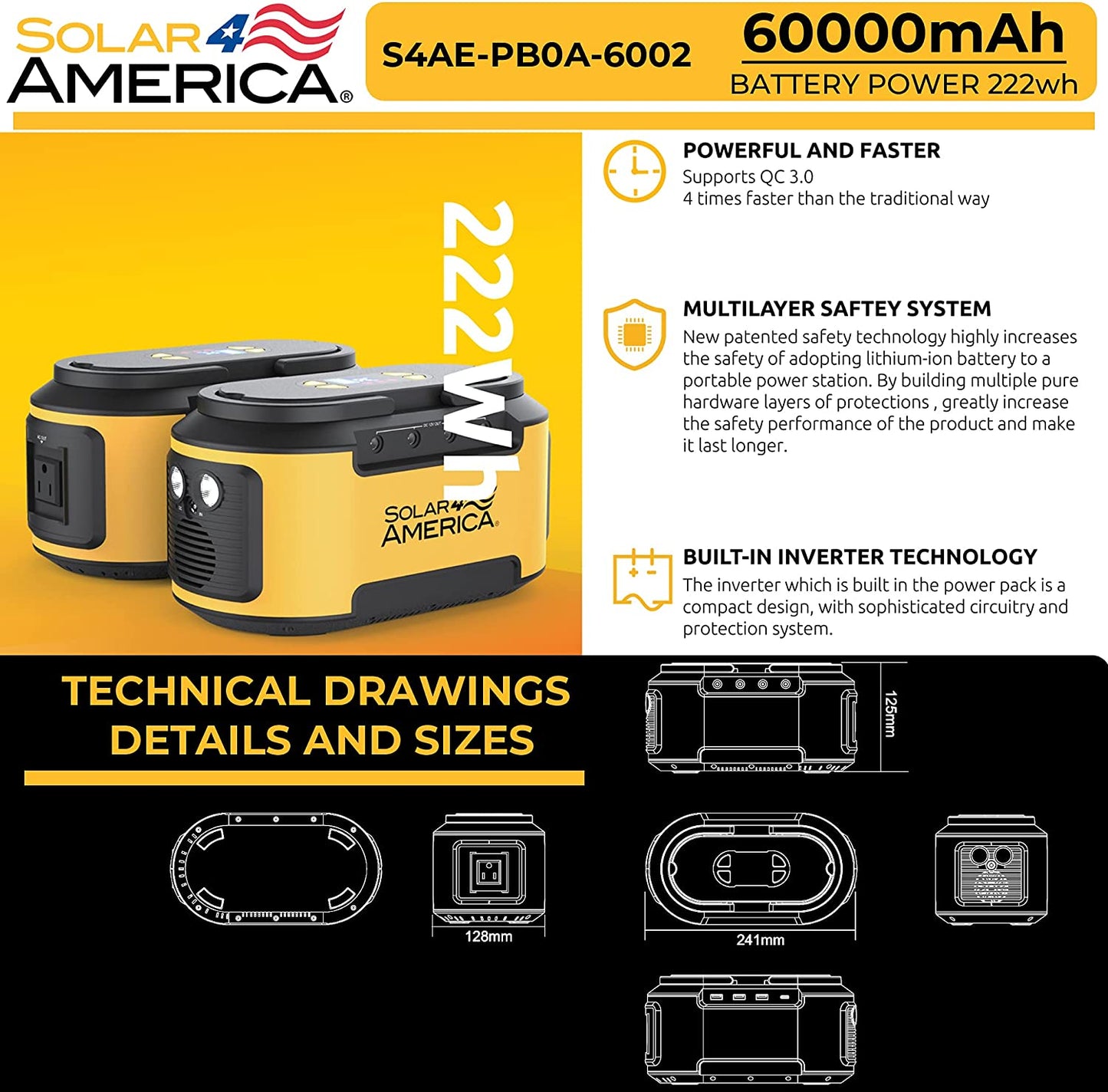 Solar4America AC 80W/88.8WH 100W/222WH 200W/222WH Output Portable Power 200W