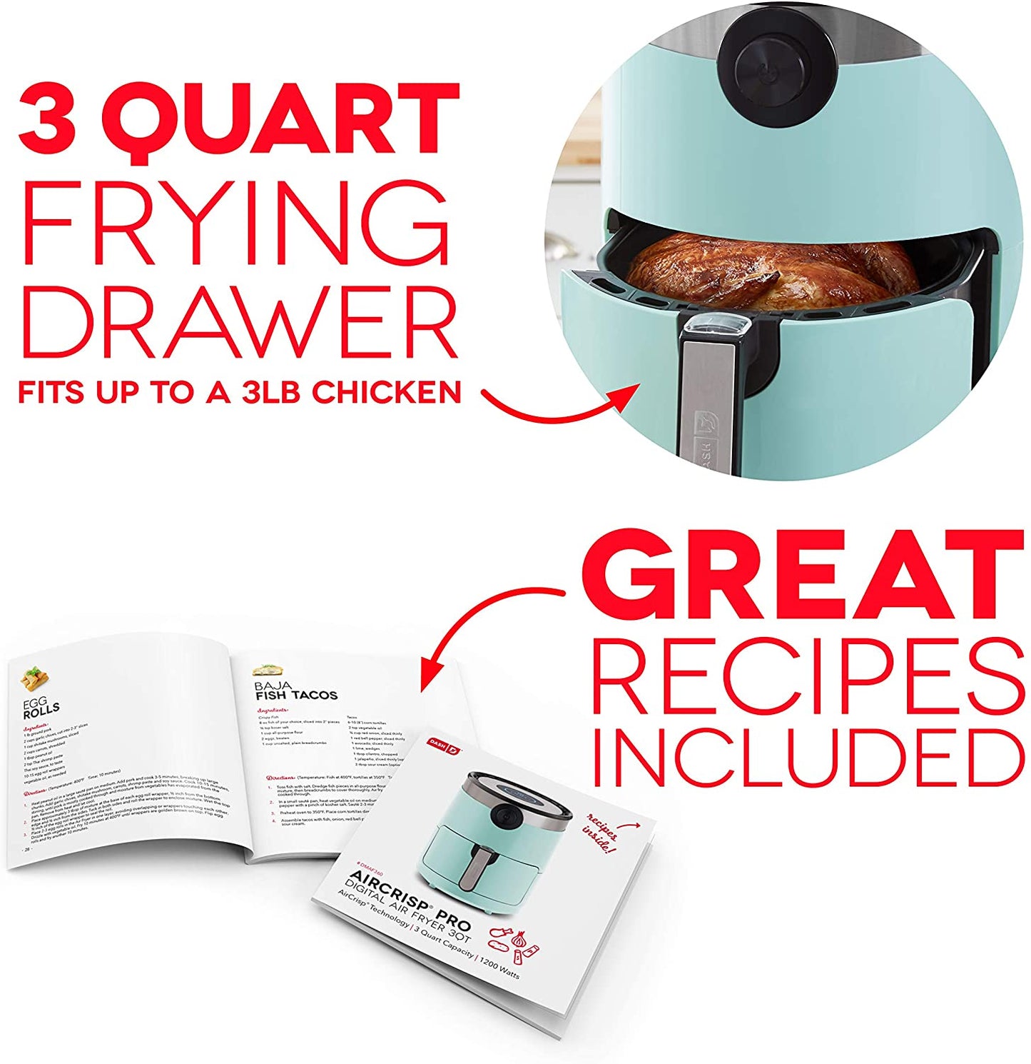Dash DMAF360GBAQ02 AirCrisp Pro Electric Air Fryer + Oven Cooker 3qt, Aqua