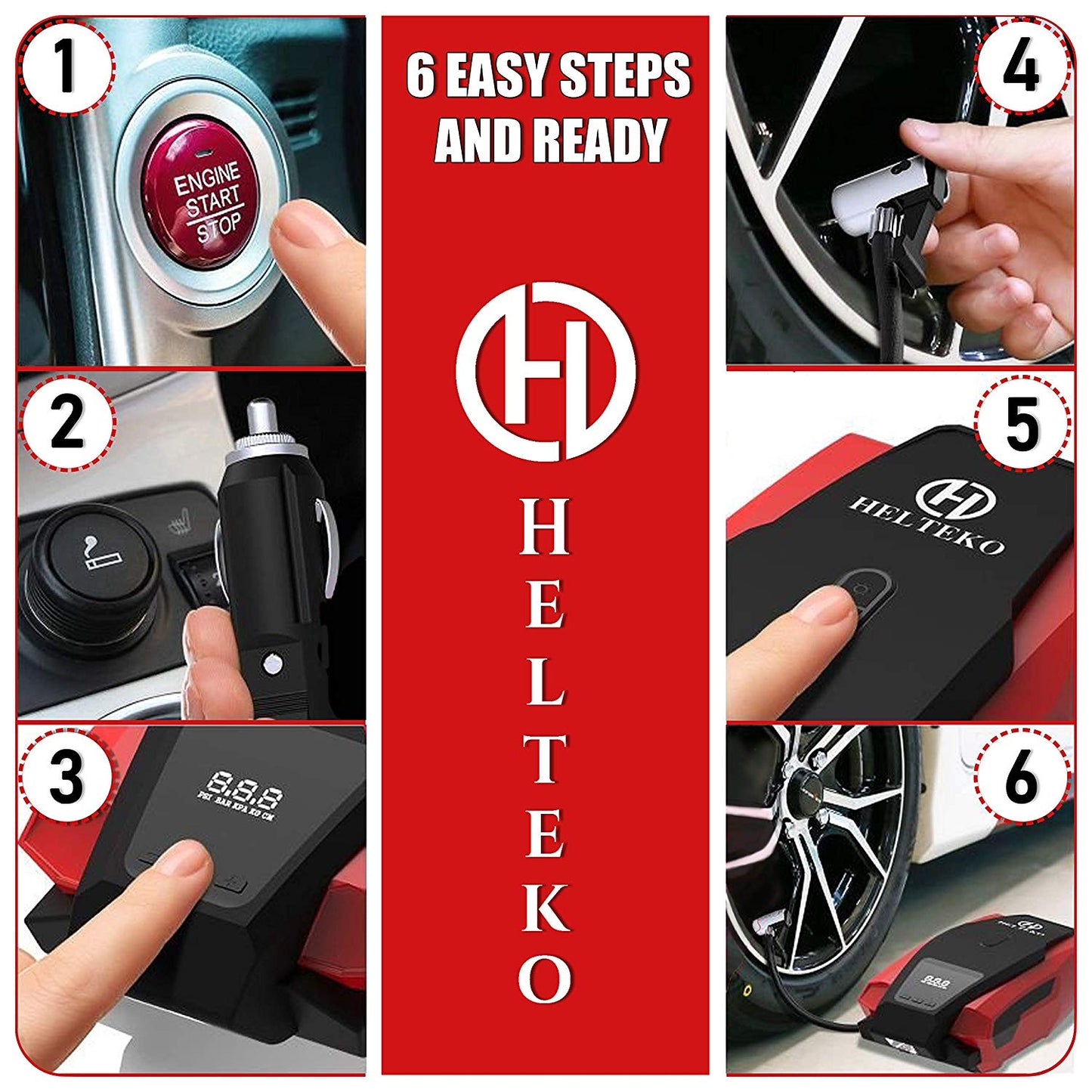 Helteko Portable Air Compressor Pump 150PSI 12V - Digital Tire Inflator - Red