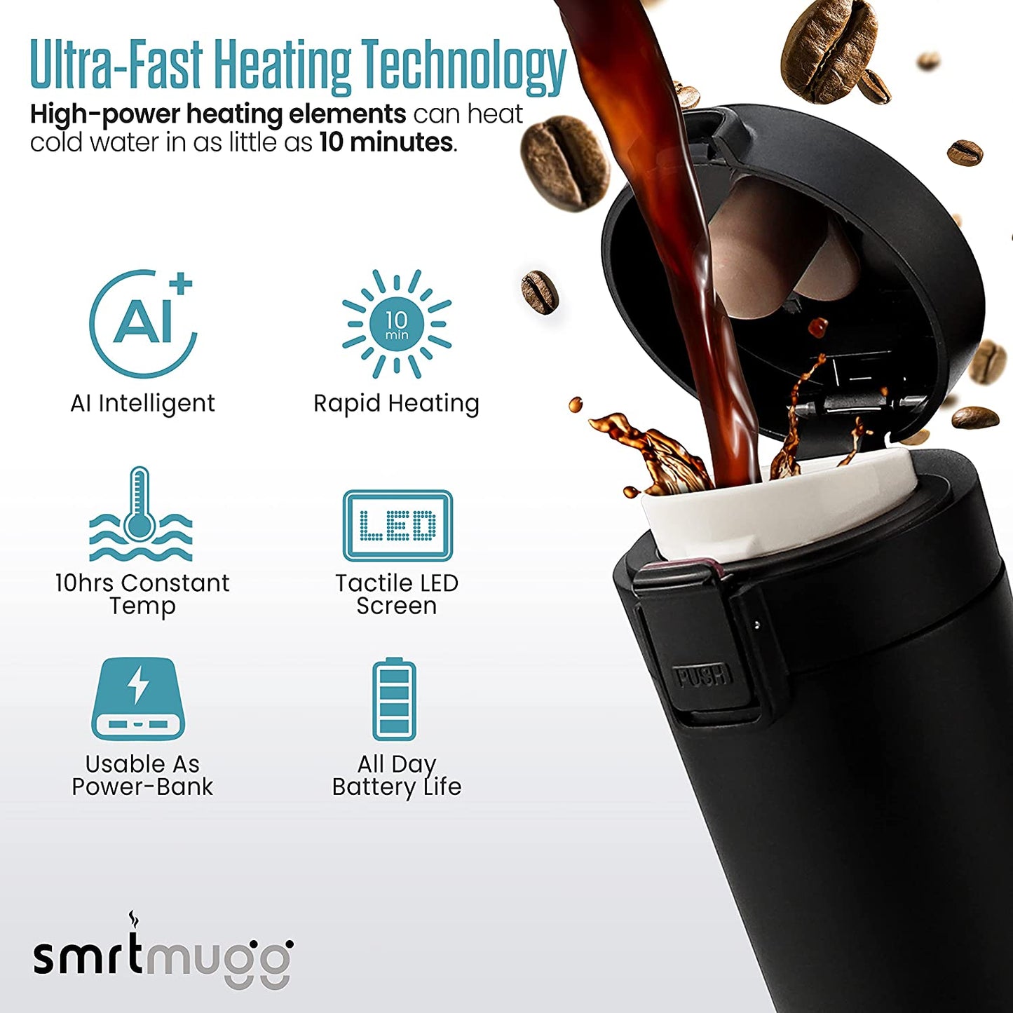 SMRTMUGG Heated Coffee Mug, All Day Battery Life, Black 10 oz.