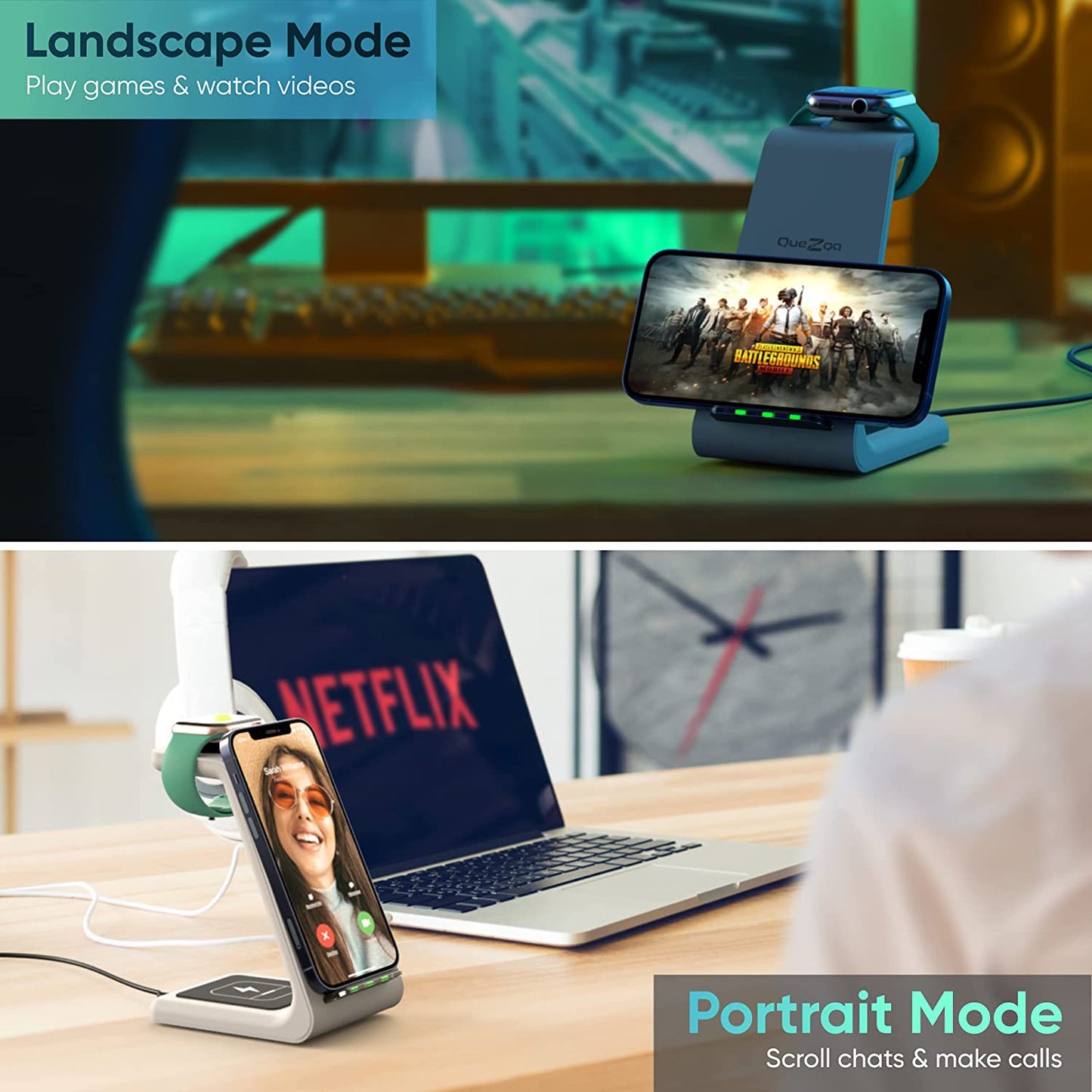 Quezqa Wireless Charging Stand - Fast Charger - 3 in 1 Grey