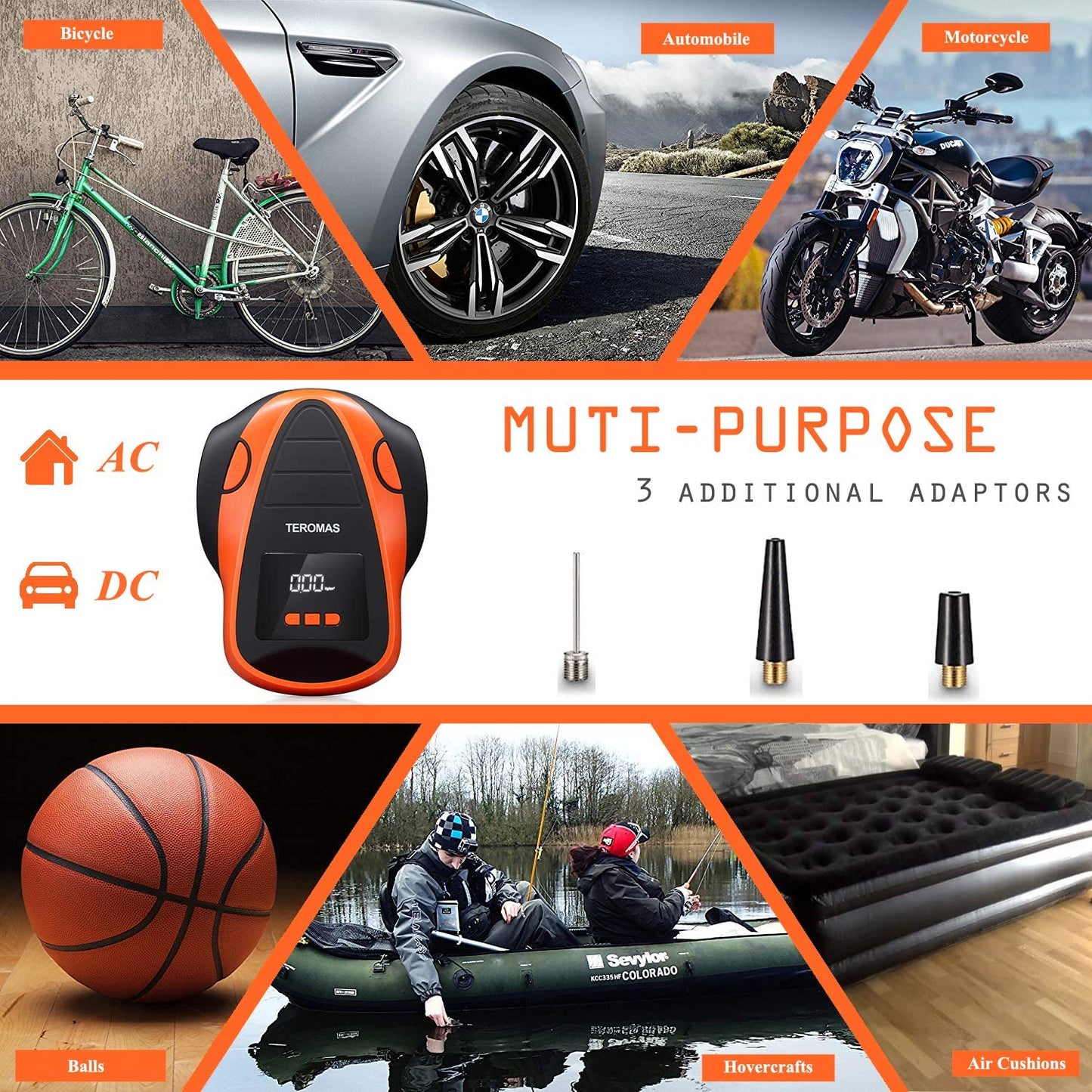 TEROMAS Tire Inflator Air Compressor, Portable DC/AC Pump for Car Orange