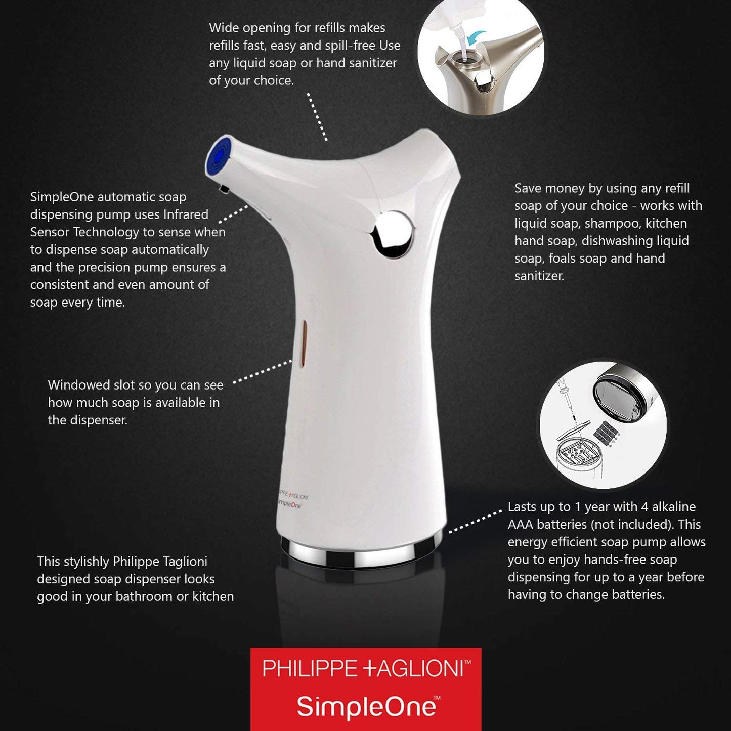 Simpleone Automatic Touchless Soap Dispenser New Improved Design – White