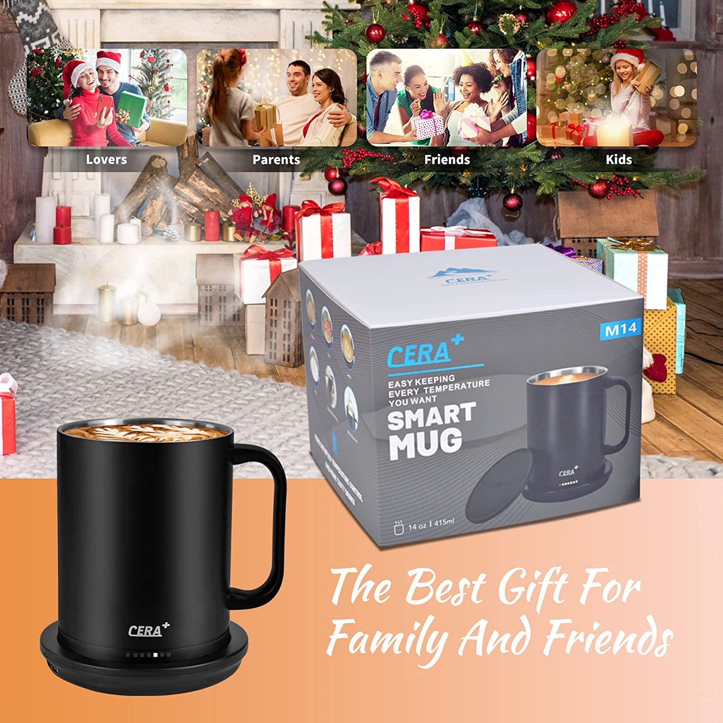 CERA+ Temperature Control Smart Mug with Lid, 14oz, Self Heating, 1.5-hr...