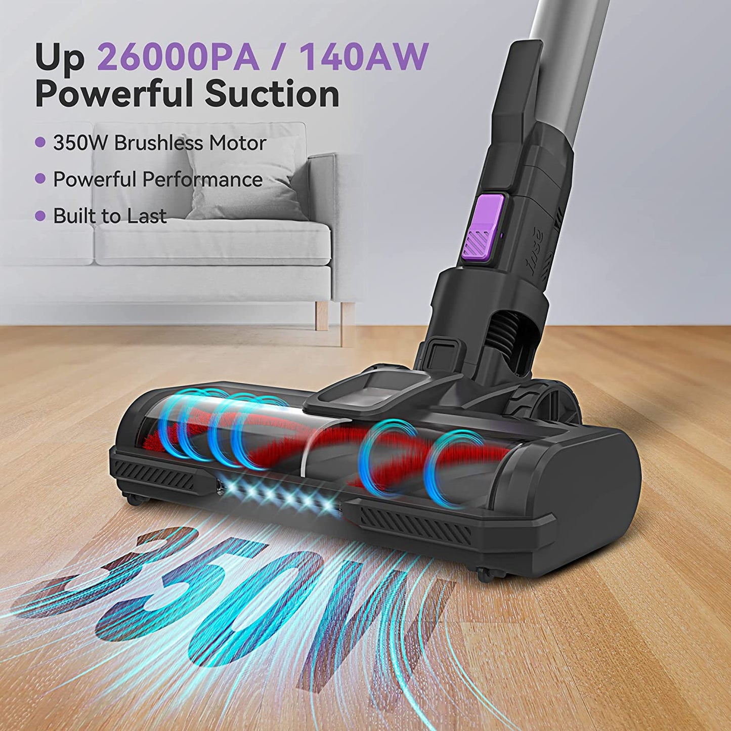 INSE Cordless Vacuum Cleaner, 26Kpa 350W Stick for Purple
