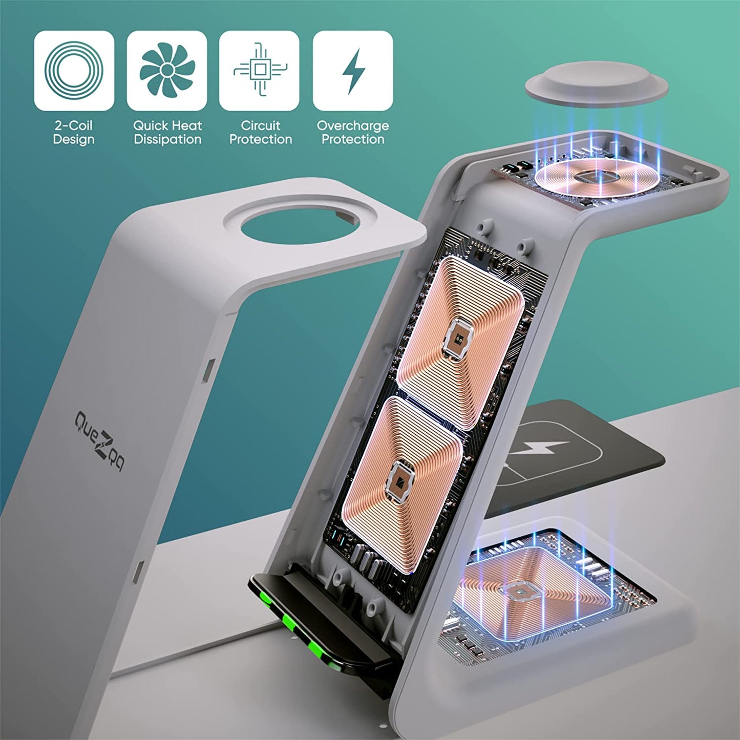 Quezqa Wireless Charging Stand - Fast Charger - 3 in 1 Grey