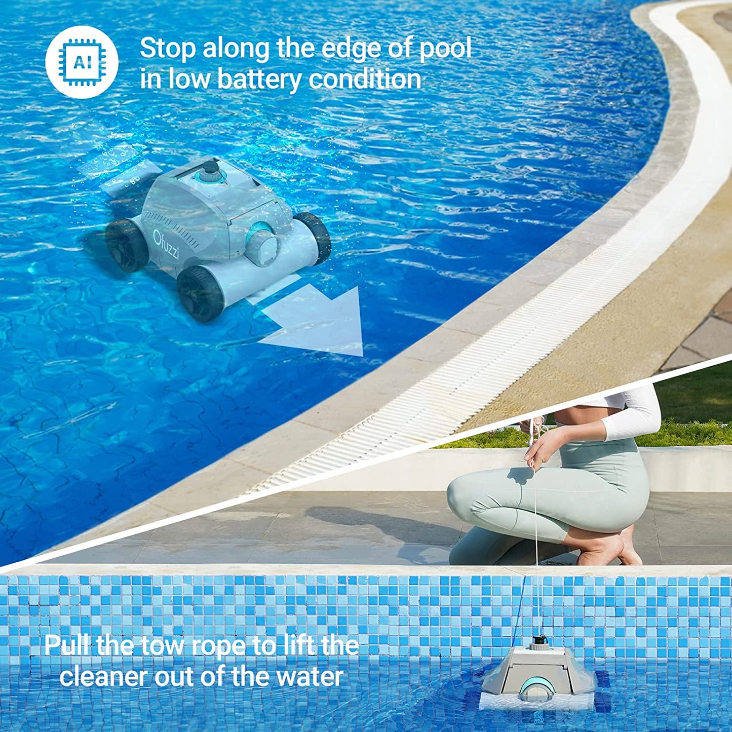 Ofuzzi Cordless Robotic Pool Cleaner, Max.120 Mins Runtime, Gray