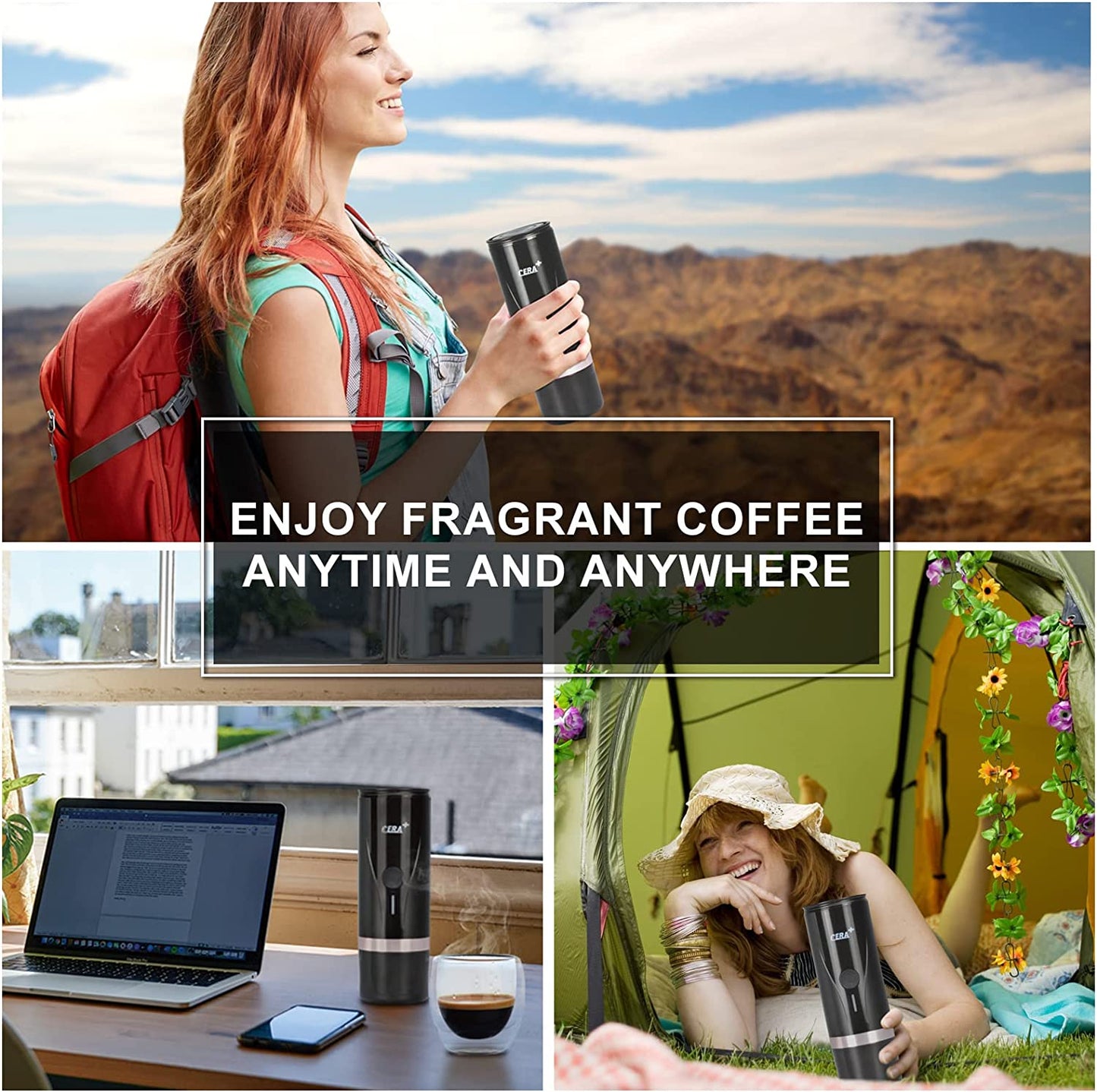 CERA+ Portable Mini Espresso Machine, 12V/24V Rechargeable Car Coffee Black