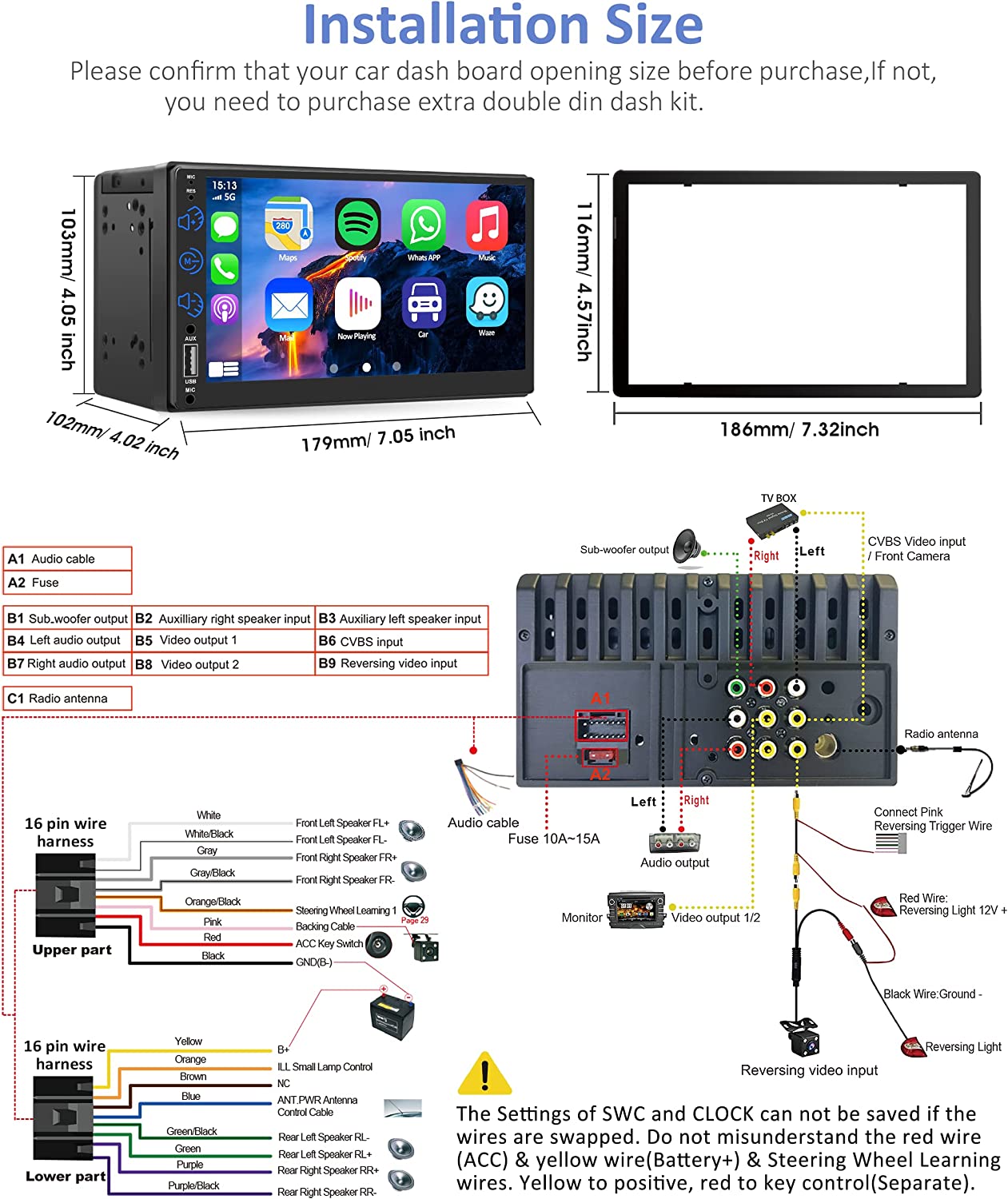 Double Din Car Stereo Compatible with Apple Carplay and Android Auto, 7 Black