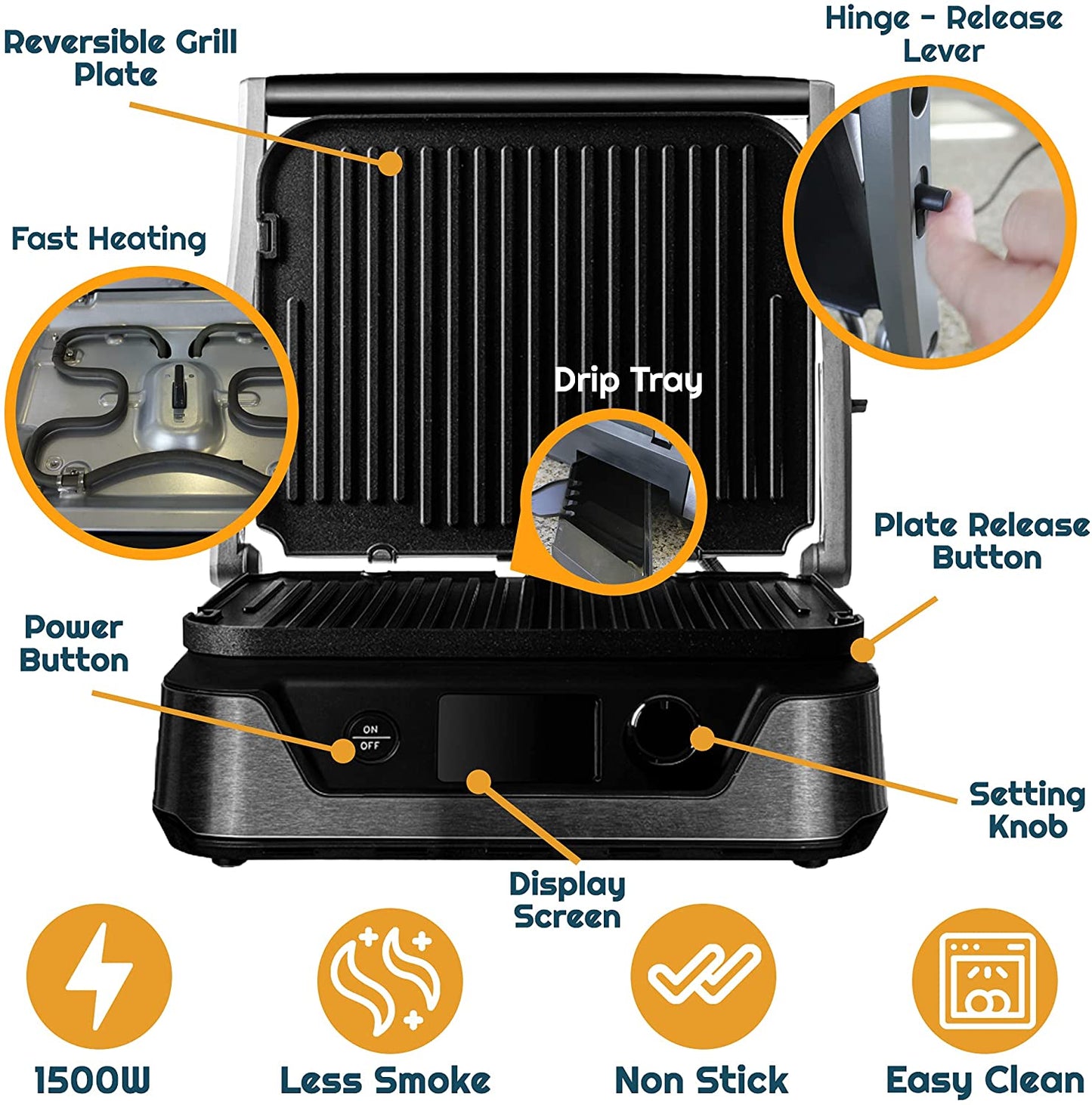 iCucina Contact Griddle|1500W Non-Stick Electric Stainless Steel,Silver