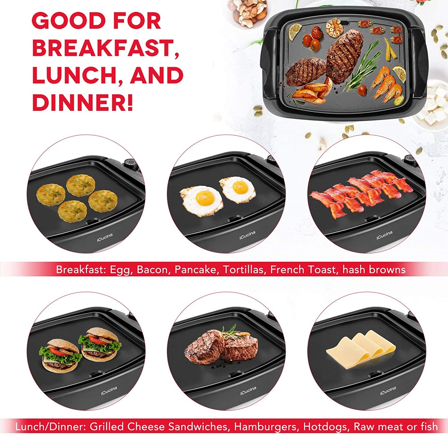 iCucina 1000 Watt Non-Stick Even-Heating Flat Electric Griddle Black