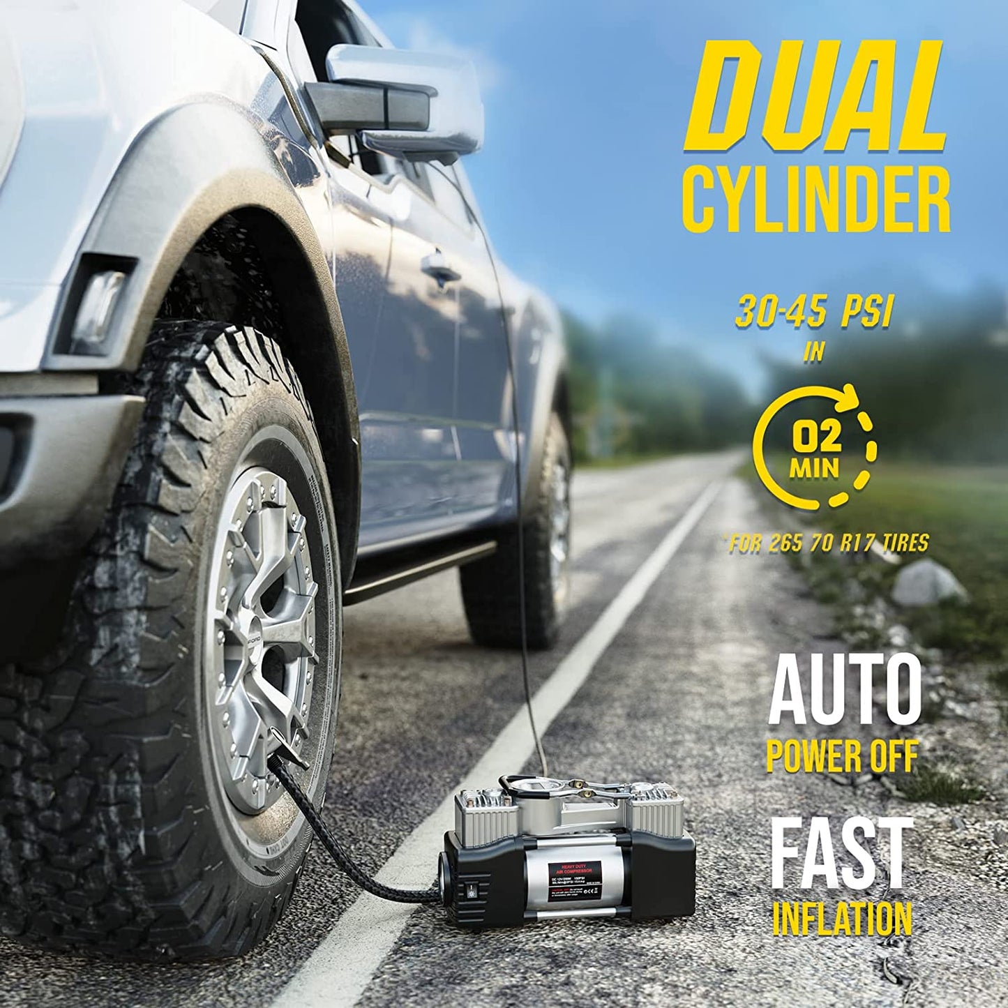 OlarHike 12V Portable Air Compressor, 150PSI Dual Cylinder Metal Pump Silver