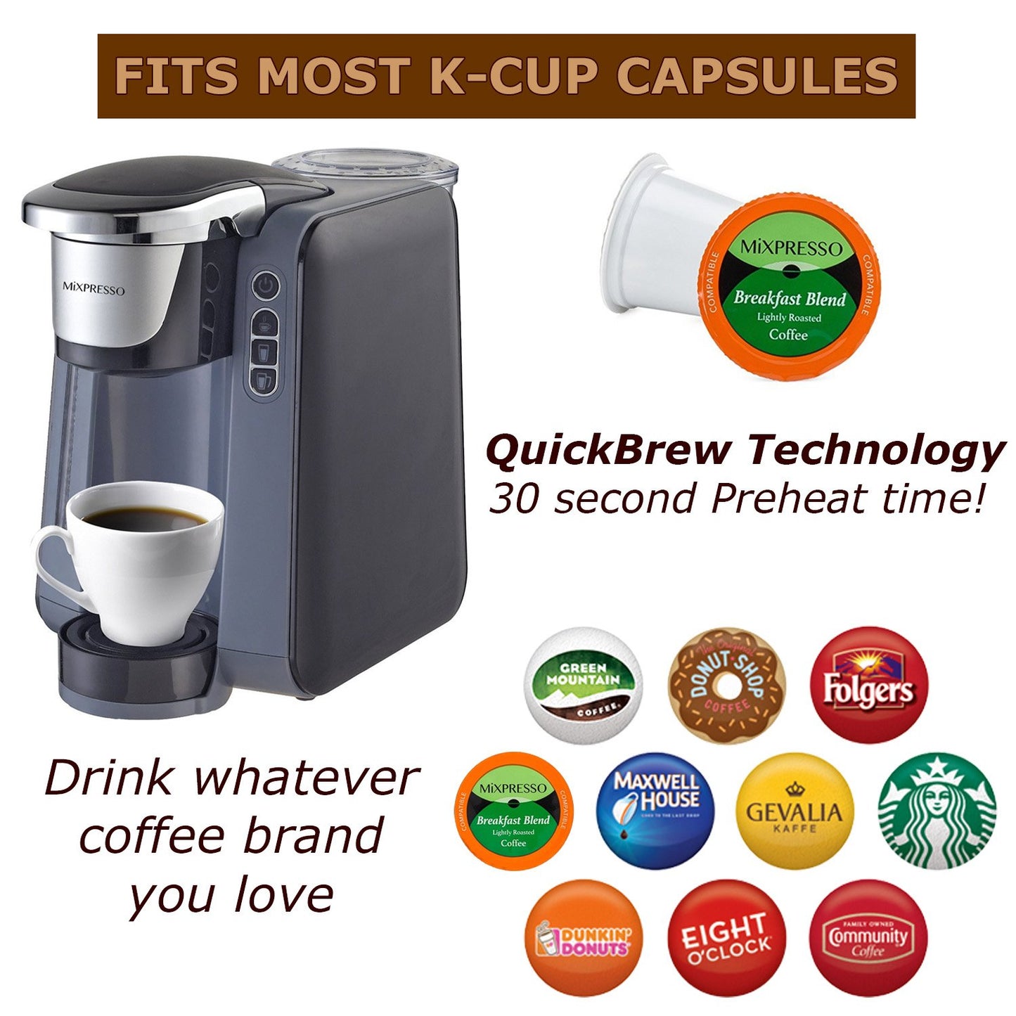 Mixpresso - Single Serve K-Cup Coffee Maker | Machine Dark Grey