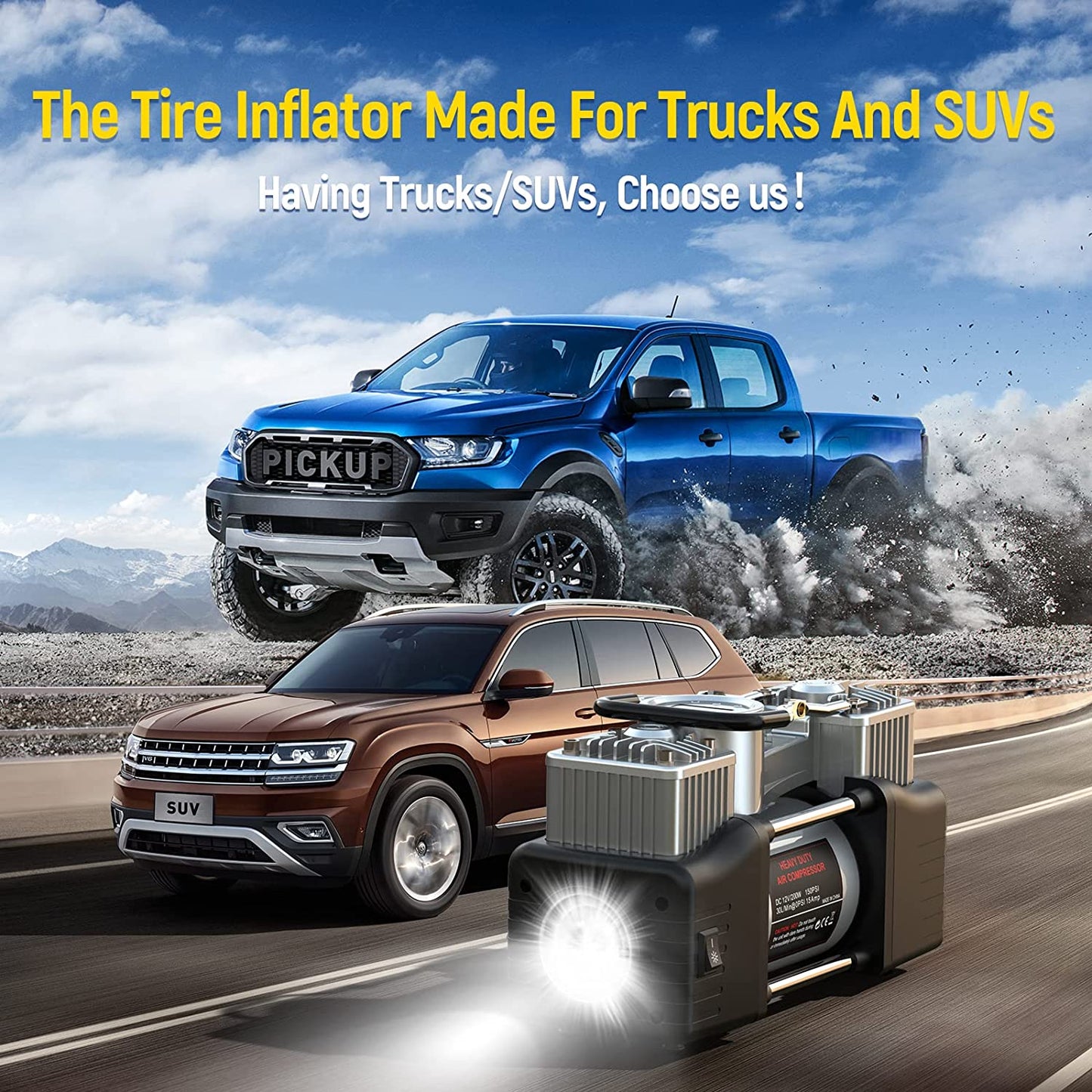 OlarHike 12V Portable Air Compressor, 150PSI Dual Cylinder Metal Pump Silver