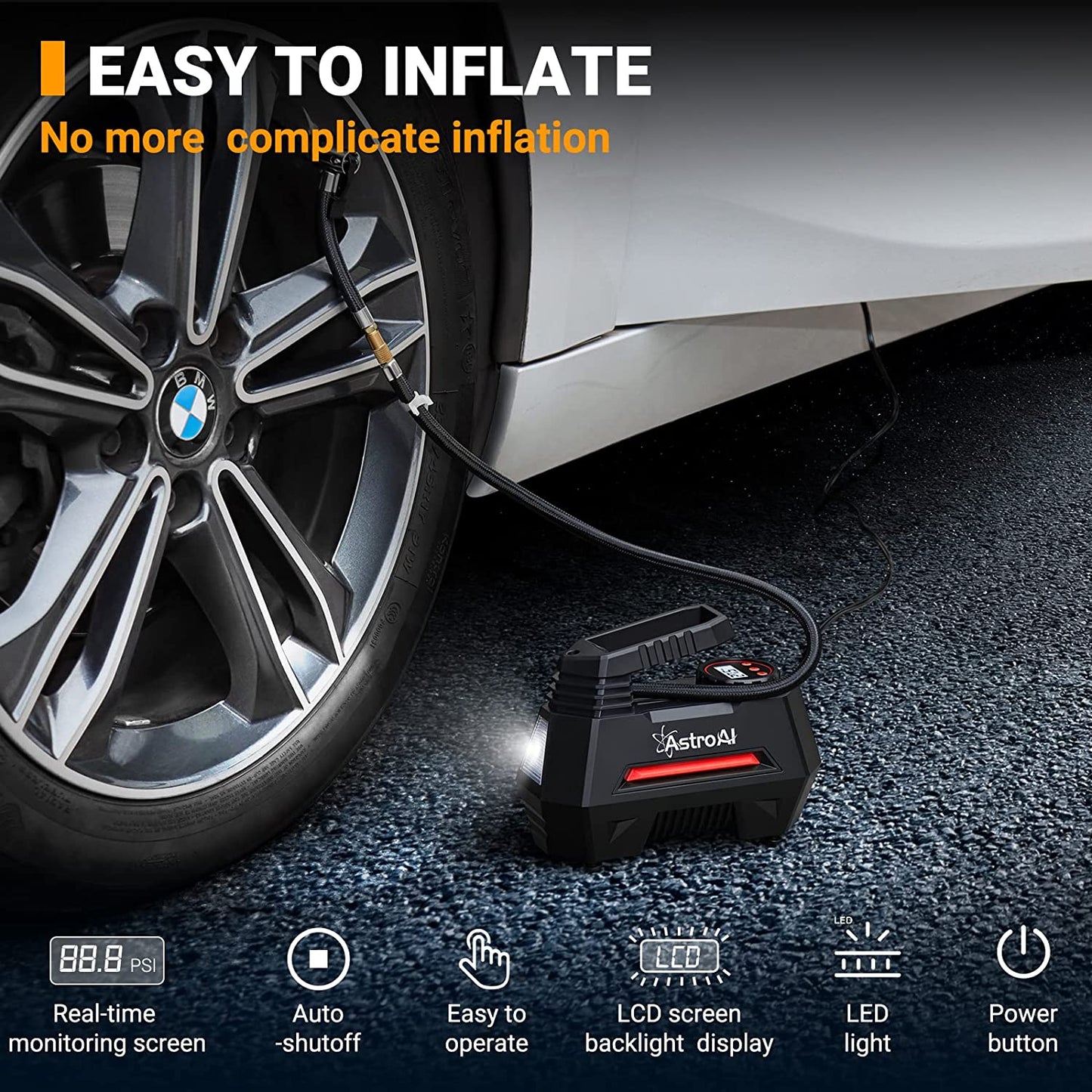 AstroAI Air Compressor Tire Inflator Portable Pump for Car Tires 12V Red