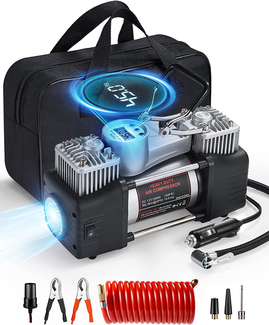 OlarHike 12V Portable Air Compressor, 150PSI Dual Cylinder Metal Pump Silver