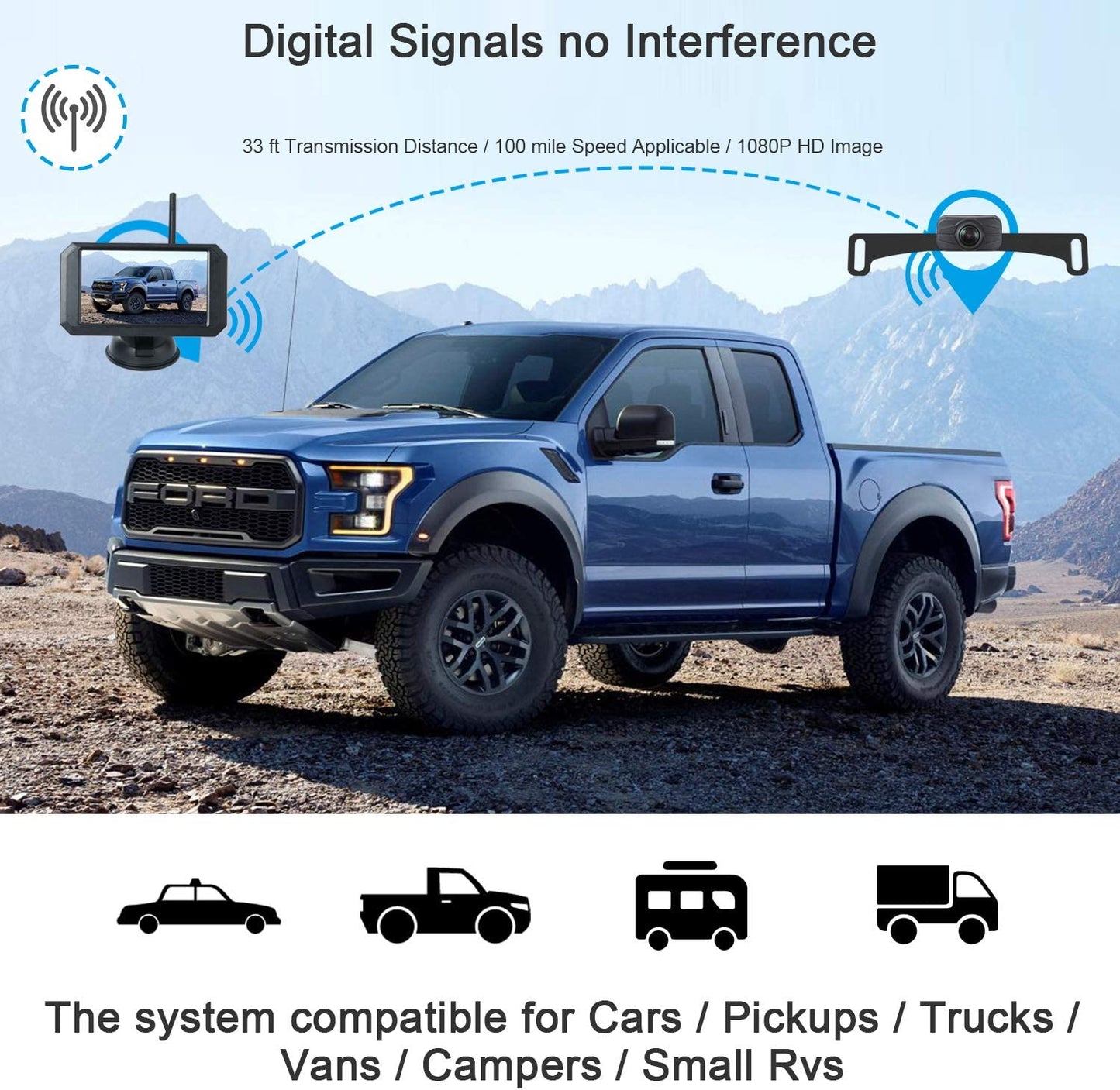 JUNHAOZ 720P HD Digital Wireless Backup Camera System 5inch license plate-cam