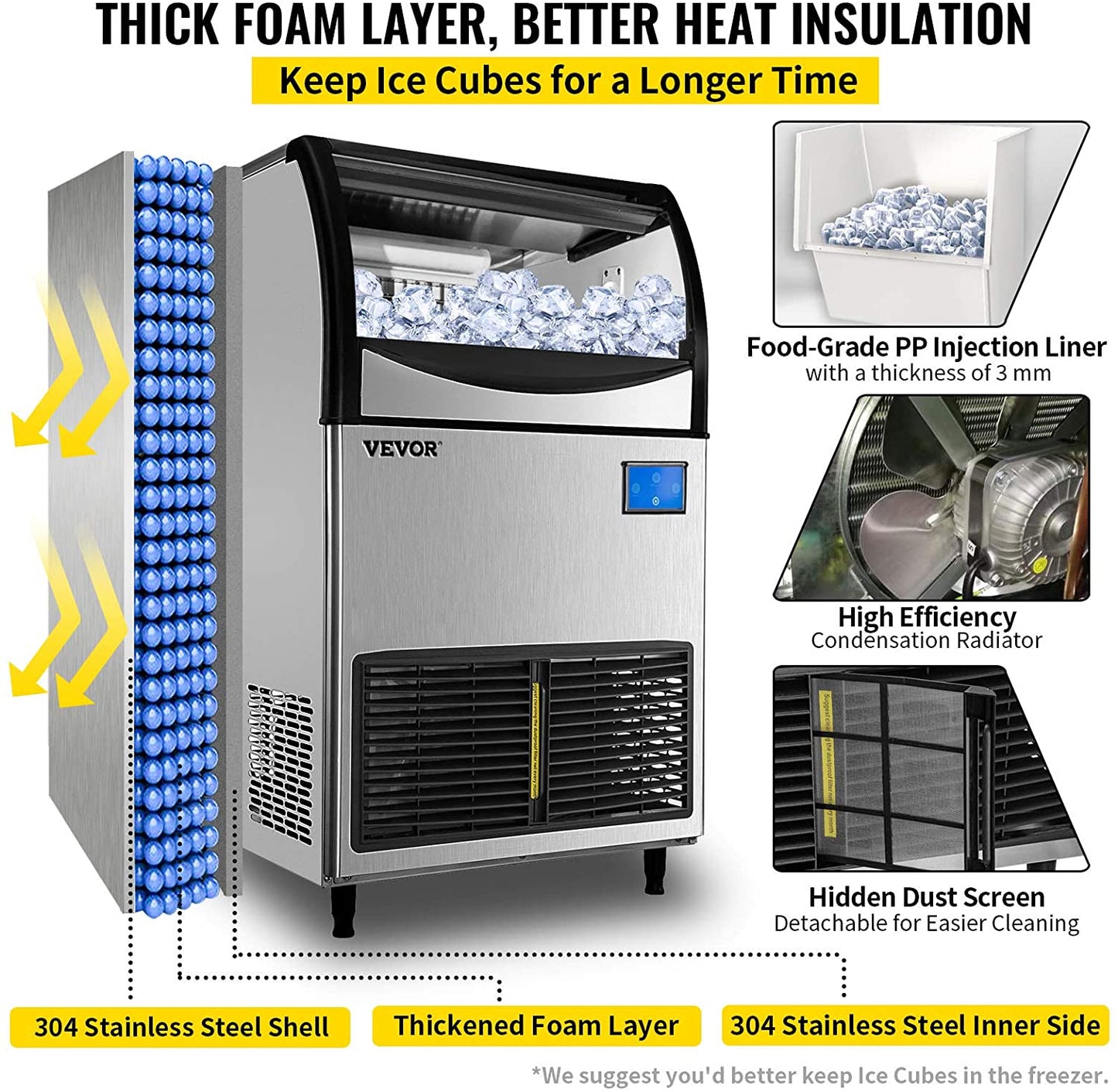 VEVOR 110V Commercial Ice Maker 265LBS/24H, Large Storage Bin 121LBS, 265LBS