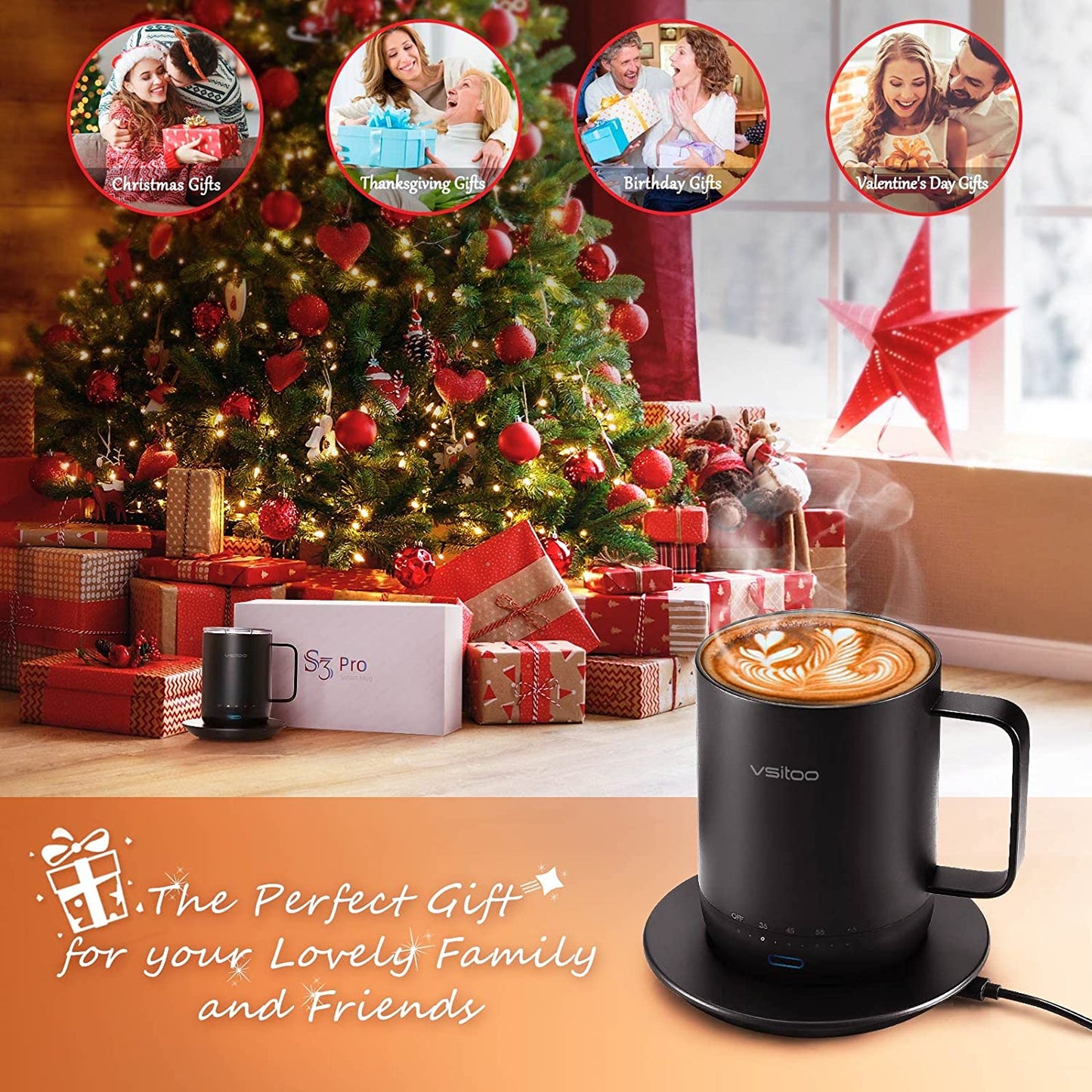 vsitoo S3 Pro Temperature Control Smart Mug with Lid, Coffee Warmer Black