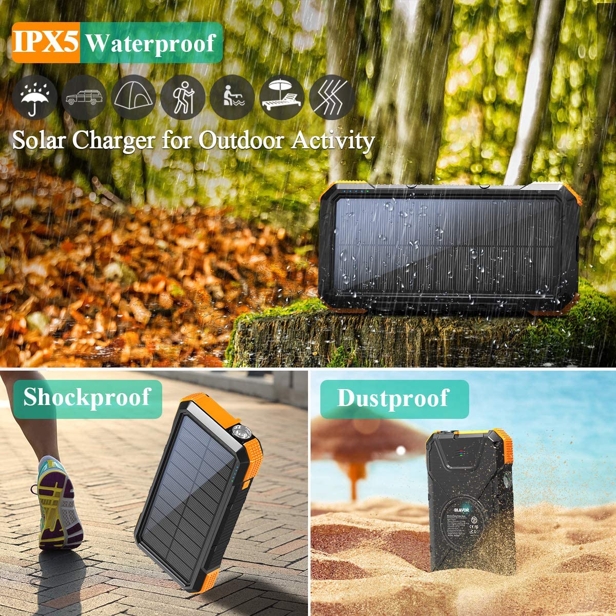 BLAVOR Solar Charger Power Bank 18W, QC 3.0 Portable Wireless Orange