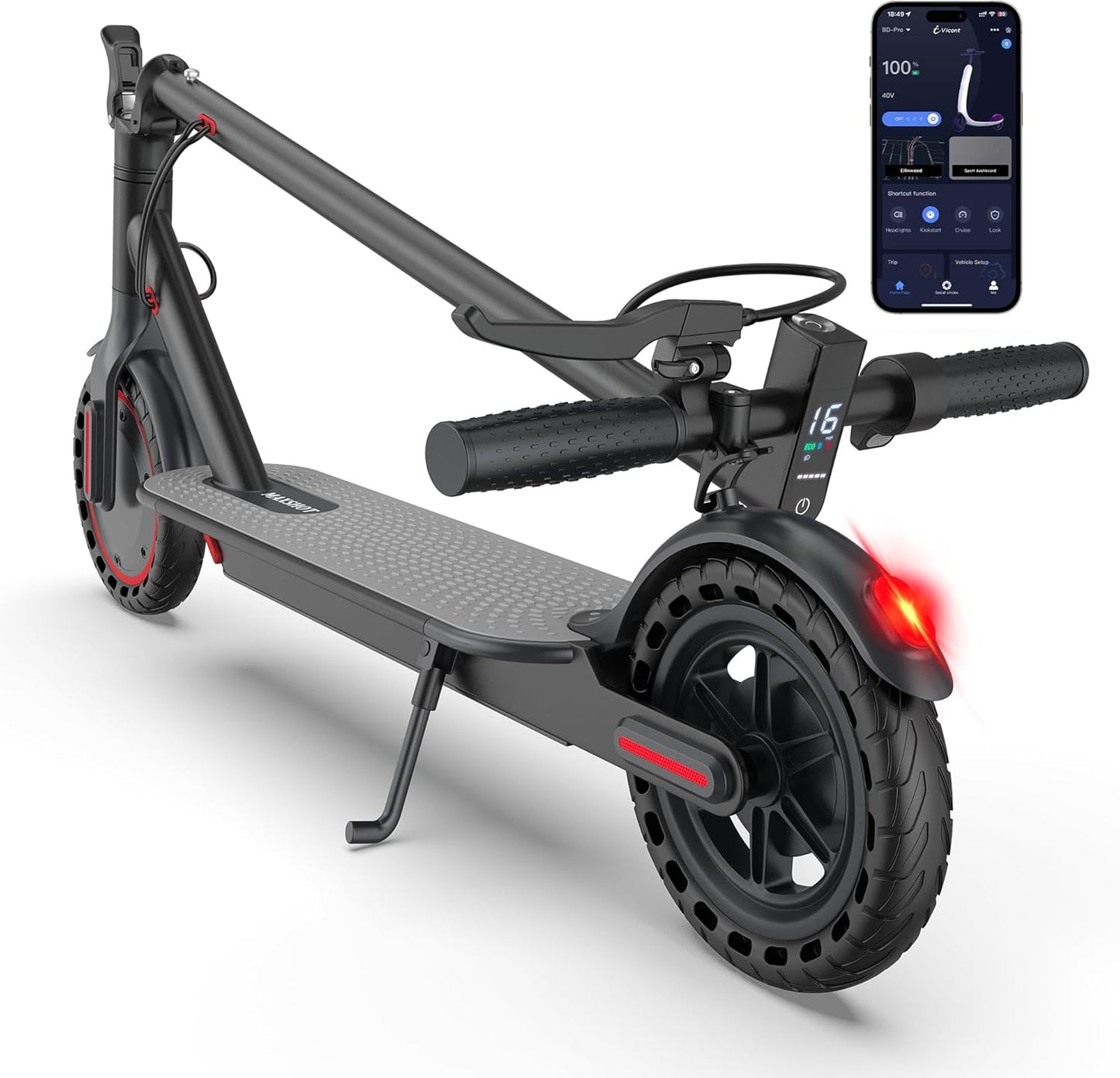 Maxshot Electric Scooter, 8.5" /10" /14" Tire, 16/19/22 Mph Top Speed, 12/16/21/27/28/49/50 Miles Long Range, Folding Escooter for Adults and Kids with Seat Bag, Dual Braking, Dual Suspension, App