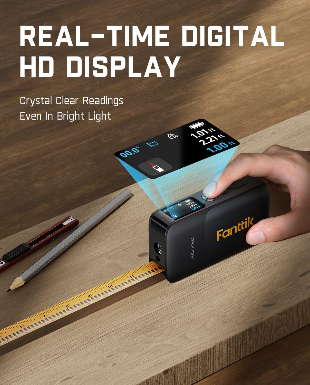 Fanttik A10 Pro 2-in-1 Digital Laser Tape Measure for Distance/Area/Volume | with HD IPS Color Display, 165Ft Rechargeable Laser Measurement Tool & 9.8Ft Measuring Tape, 6 Units Selectable