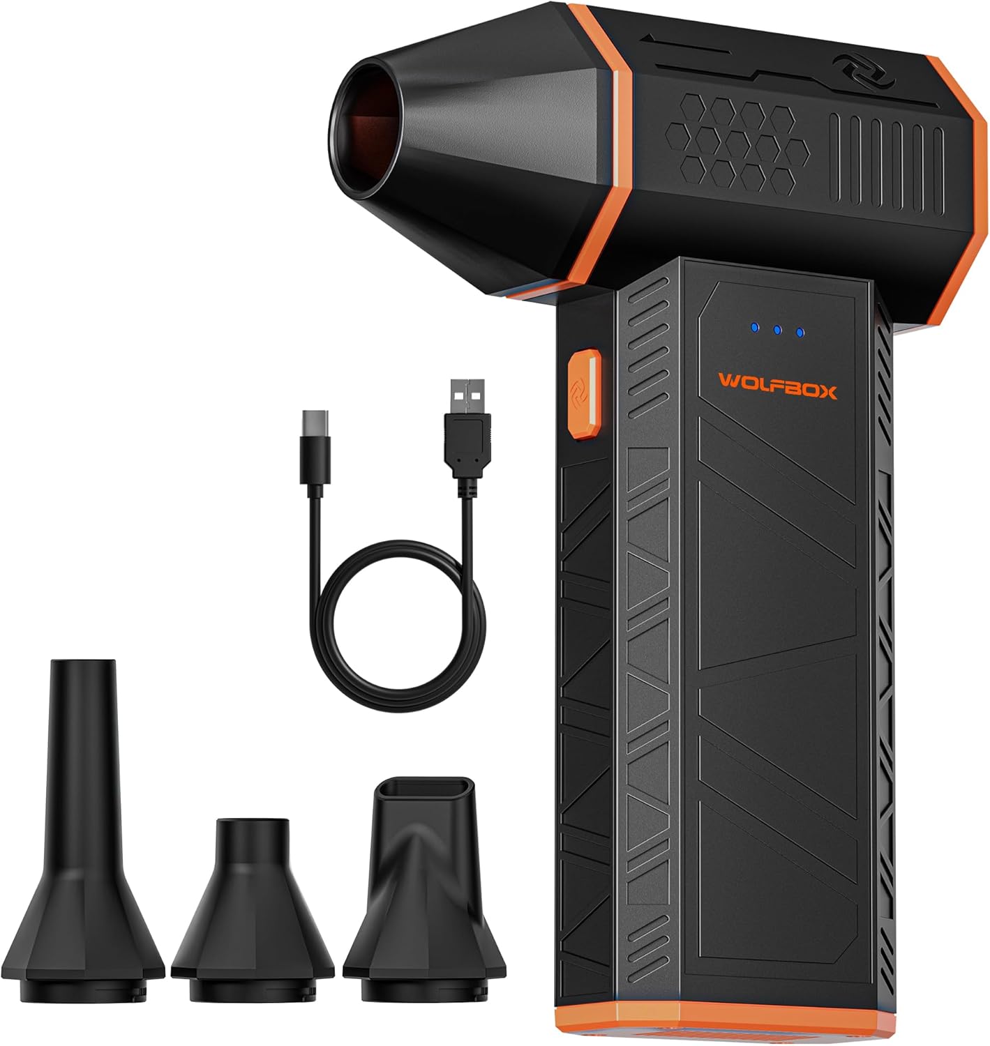 WOLFBOX MegaFlow 50 Compressed Air Duster, 110,000 RPM, 3-Gear Adjustable | Electric, Mini Blower, Fast Charging, Computer, Keyboard, House, Outdoor, Car, 0.45 lb Lightweight, 4 Nozzles