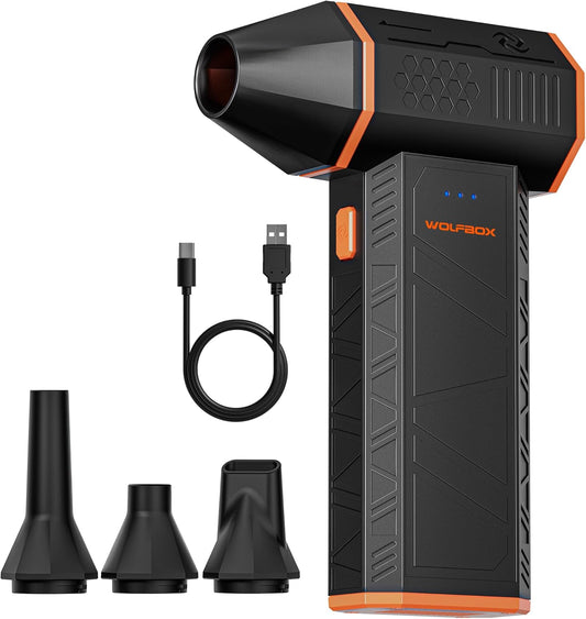 WOLFBOX MegaFlow 50 Compressed Air Duster, 110,000 RPM, 3-Gear Adjustable | Electric, Mini Blower, Fast Charging, Computer, Keyboard, House, Outdoor, Car, 0.45 lb Lightweight, 4 Nozzles