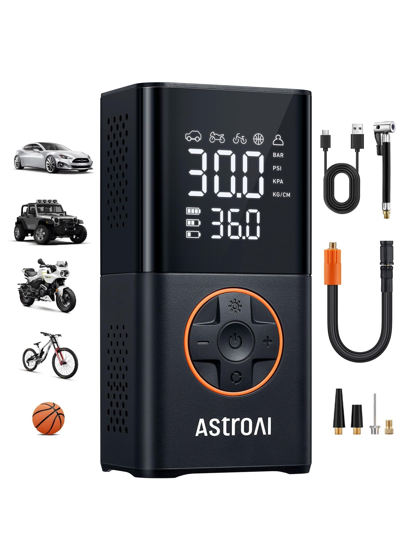 AstroAI L7 Tire Inflator Portable Air Compressor,150 PSI Cordless Bike Pump | For Car Tires, Bikes, Motorcycles and Balls; Auto Shut-off, Digital Display Pressure Gauge, Fast Inflation, LED Light