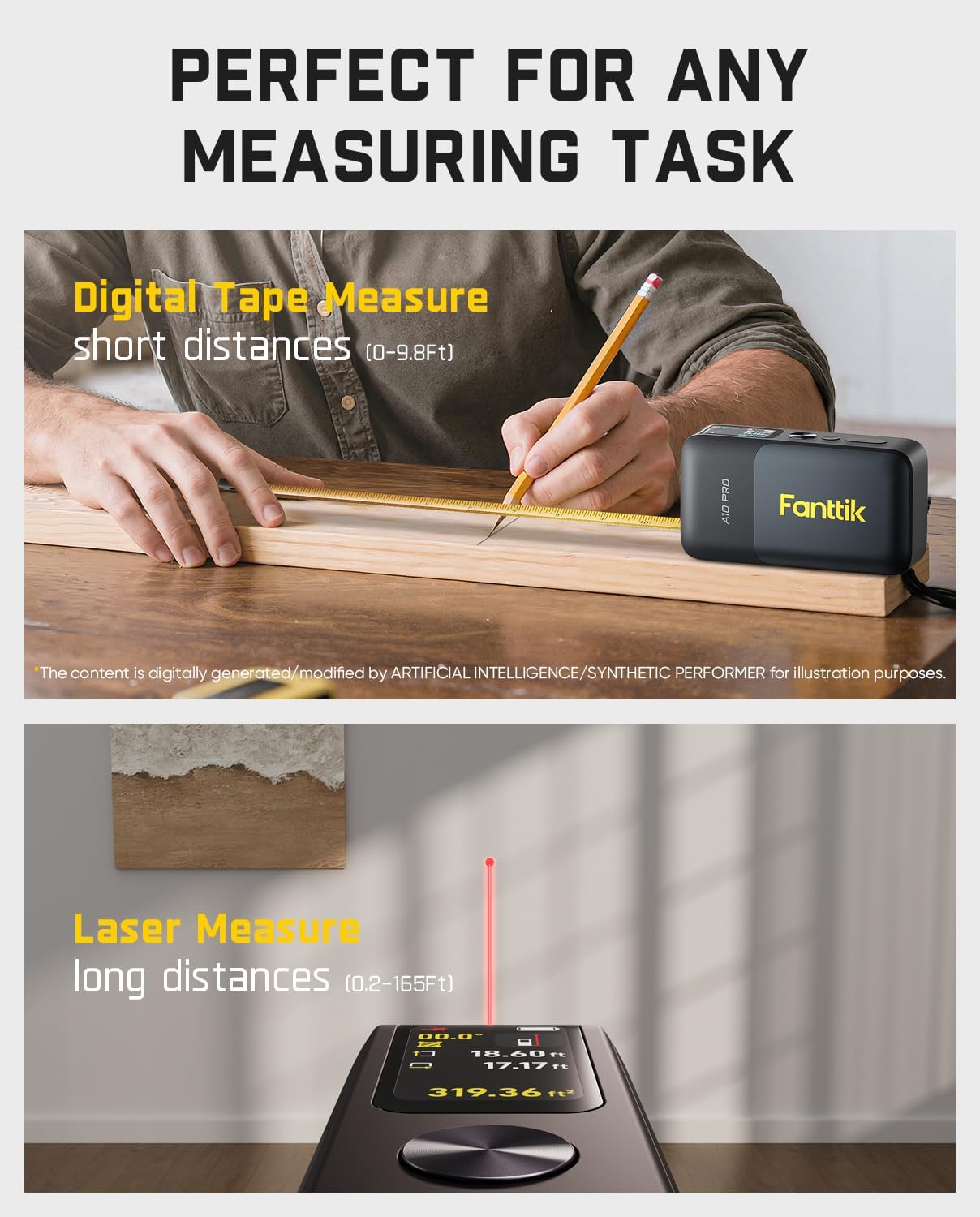 Fanttik A10 Pro 2-in-1 Digital Laser Tape Measure for Distance/Area/Volume | with HD IPS Color Display, 165Ft Rechargeable Laser Measurement Tool & 9.8Ft Measuring Tape, 6 Units Selectable