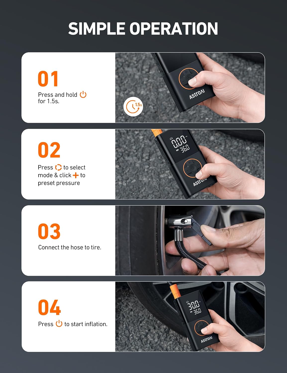 AstroAI L7 Tire Inflator Portable Air Compressor,150 PSI Cordless Bike Pump | For Car Tires, Bikes, Motorcycles and Balls; Auto Shut-off, Digital Display Pressure Gauge, Fast Inflation, LED Light