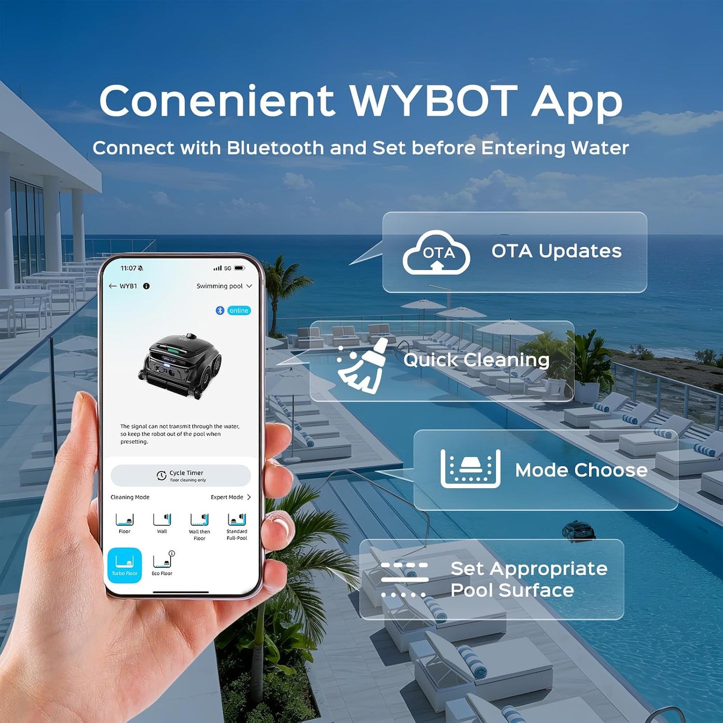 WYBOT B1 Cordless Robotic Pool Vacuum Pool Cleaner Robot for Inground Pools | Quad-Roller Brushes for Edge Cleaning, Floor & Wall Coverage, High Obstacle Crossing, Lightweight, App Control