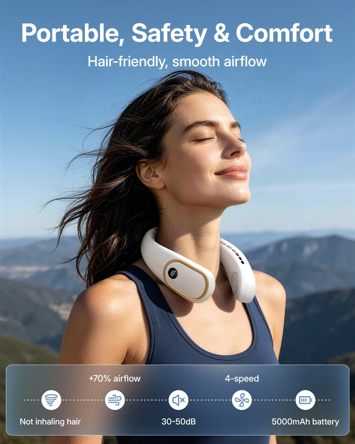 SHEWIND Portable Neck Fan - 5000mAh Rechargeable Hands-Free Wearable Fan | 4 Speeds, Bladeless & LED Display | Personal Cooling Fan for Travel, Outdoors, Camping - Black